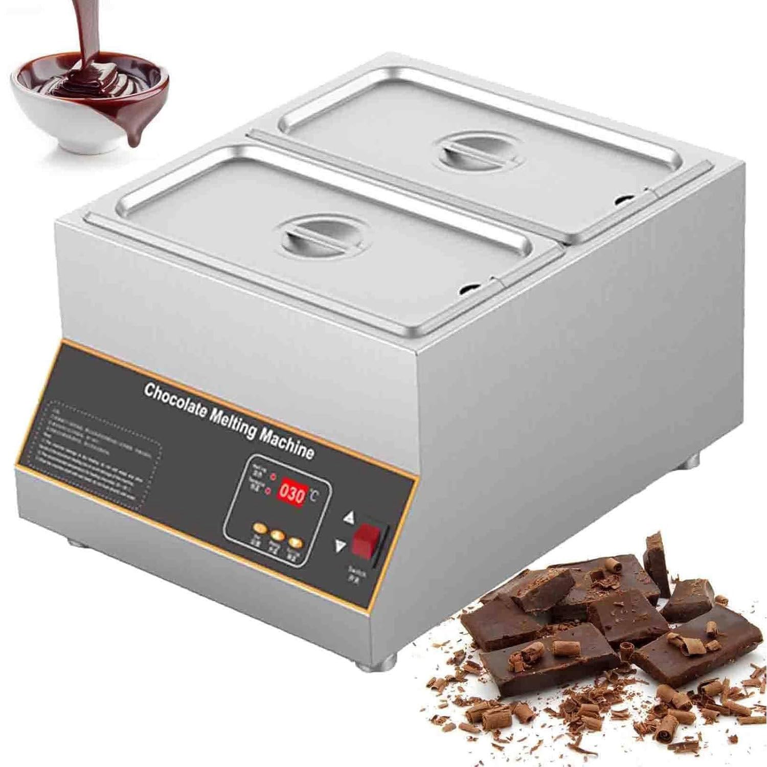 ASerZenith Chocolate Melting Machine, Commercial Chocolate Tempering And Melting Pot, Stainless Steel Warmer For 12Kg Chocolate,2Tank