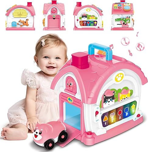 Learning Toys for 1 Year Old Girl Gifts, 8-in-1 Sensory Infant Toy for Toddler Musical House with Play Phone, Mirror, Piano, Montessori Baby Toy for 12-18 Months (Pink)