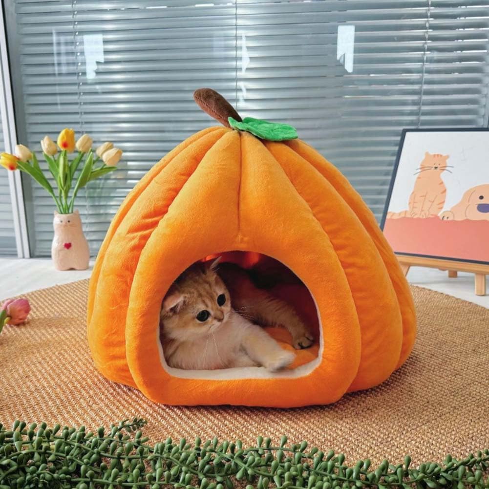 Cute Pumpkin Cat Bed for Indoor Cats, Halloween Pumpkin Cat House Bed | Pumpkin Shaped Cat Beds with Removable Cushion Pillow, Cat Cave Bed Cat Tent for Puppy Kitten Small Dogs