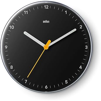 Braun Classic Analogue Wall Clock Silent Quartz Movement Easy to Read 23cm Diameter in Black Model BC26B