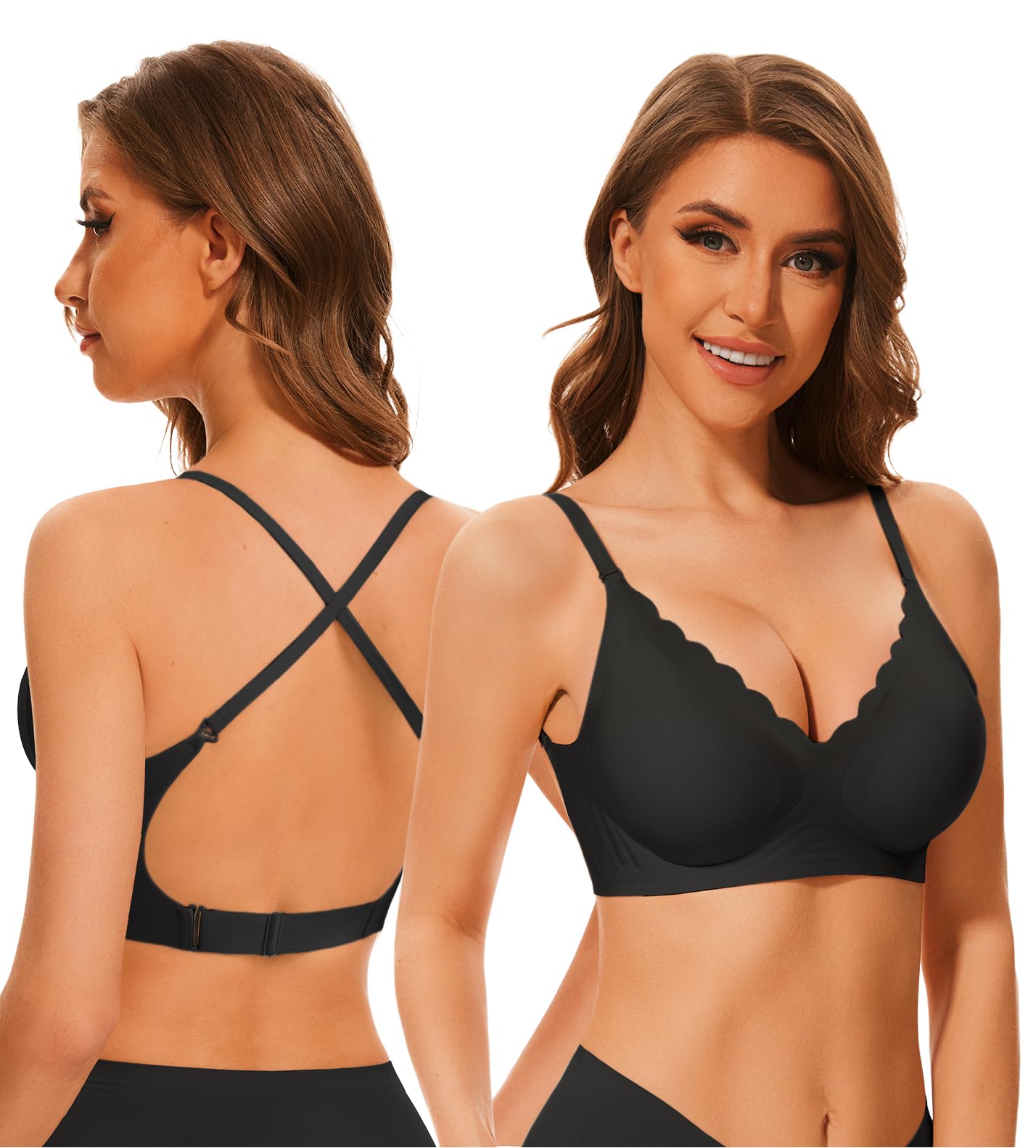 Deep V Neck Backless Bras for Women Padded Bralette Push Up Seamless Wire-Free Low Back Bra Convertible Straps