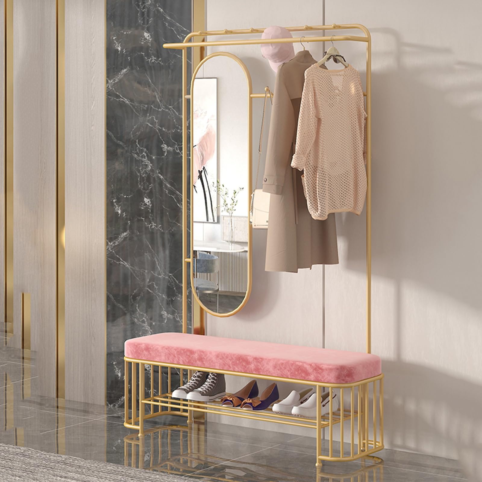LWJSOCP Shoe Coat Rack with Mirror Freestanding Shoe Bench Rack for Entryway Storage Shelf and Hooks Coat Tree for Small Spaces for Hallway Bedroom Mudroom Living Room(120cm)