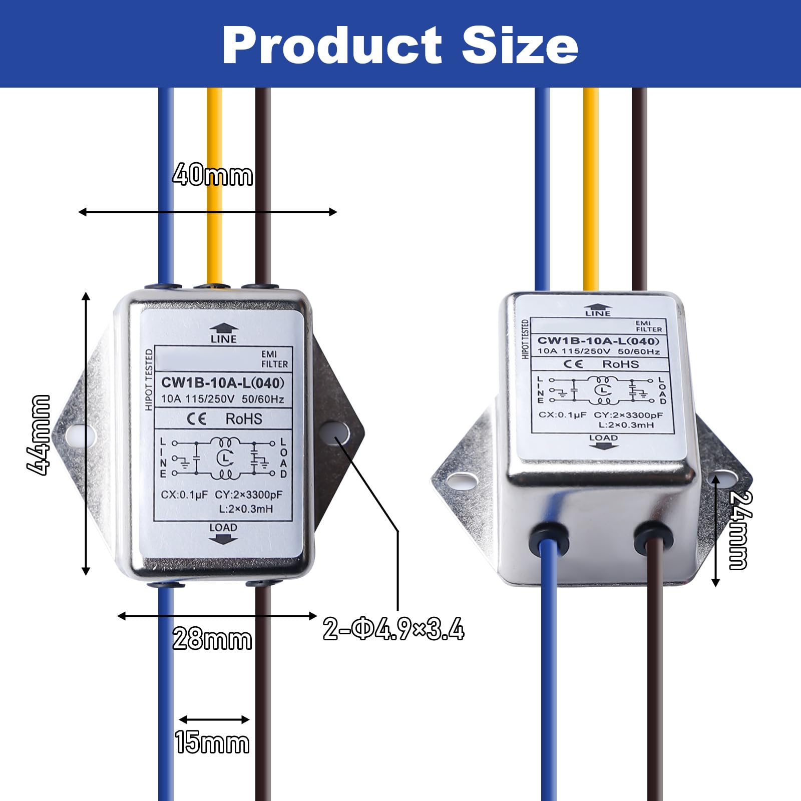 3 filtri EMI CW1B-10A-L - Filtro monofase 250 V 10 A, filtro elettromagnetico per la soppressione di disturbi impulsi continui e intermittenti