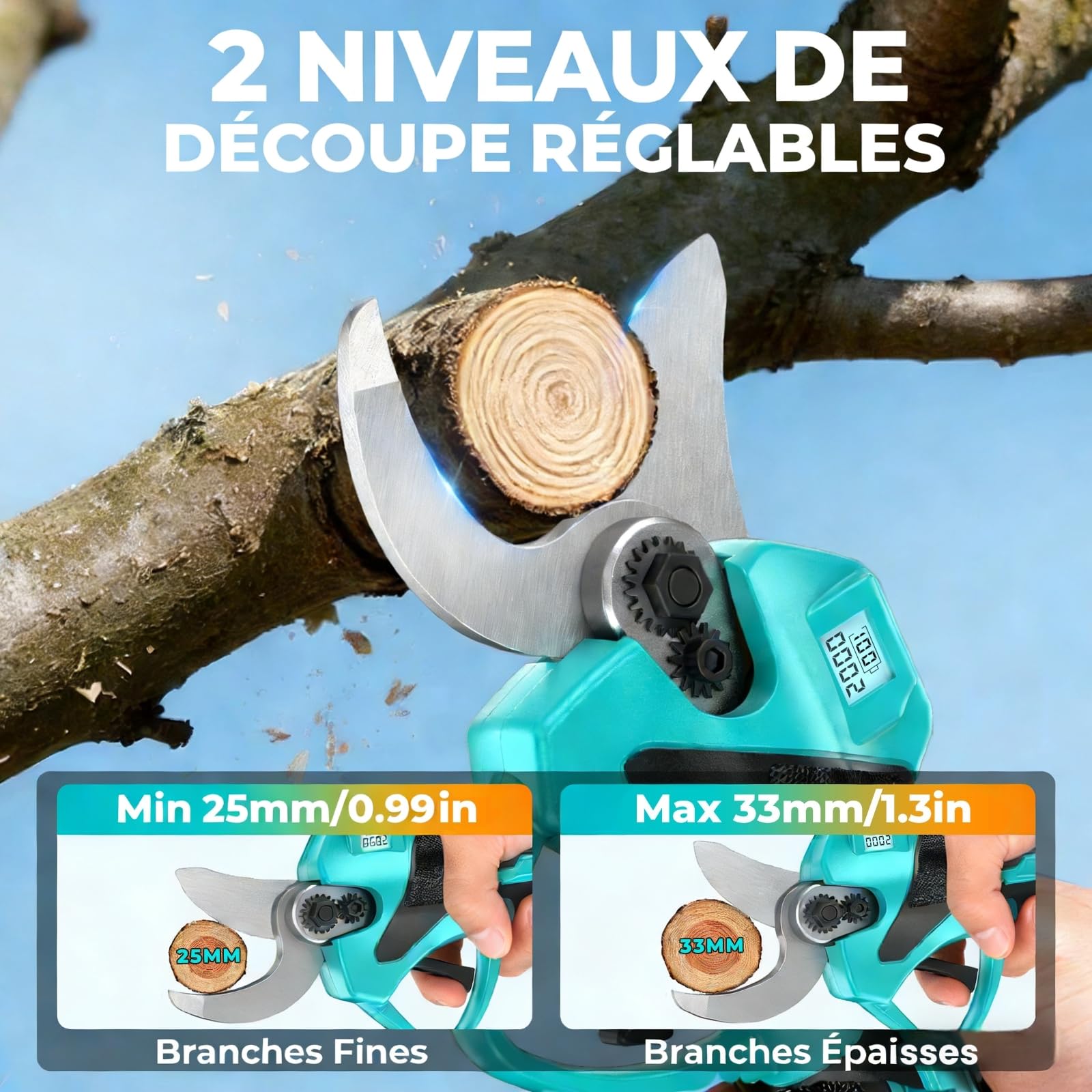 Sécateur Électrique Sans Fil, Léger Secateur electrique, Moteur sans balais, Capacité de Coupe de 33mm, avec Écran LCD, 2 batteries, & Lames de rechange, pour le Jardinage, les Branches, les Oliviers