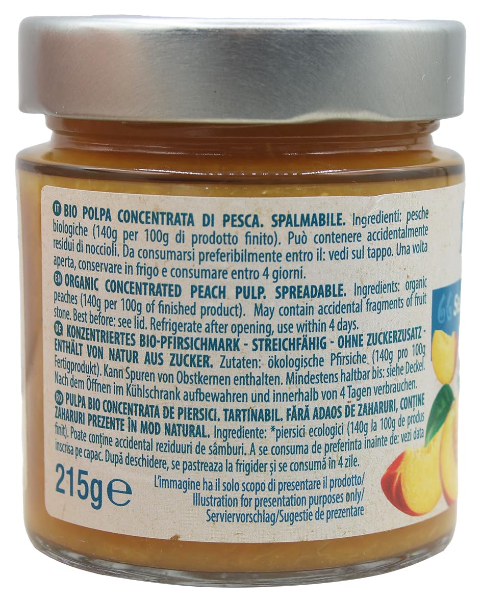 Probios Composta di Pesca Italiana Bio - Senza Glutine e Composta di Frutta Senza Zucchero - Dolcezza e Sapore Naturali - Confezione da 6 x 215 g