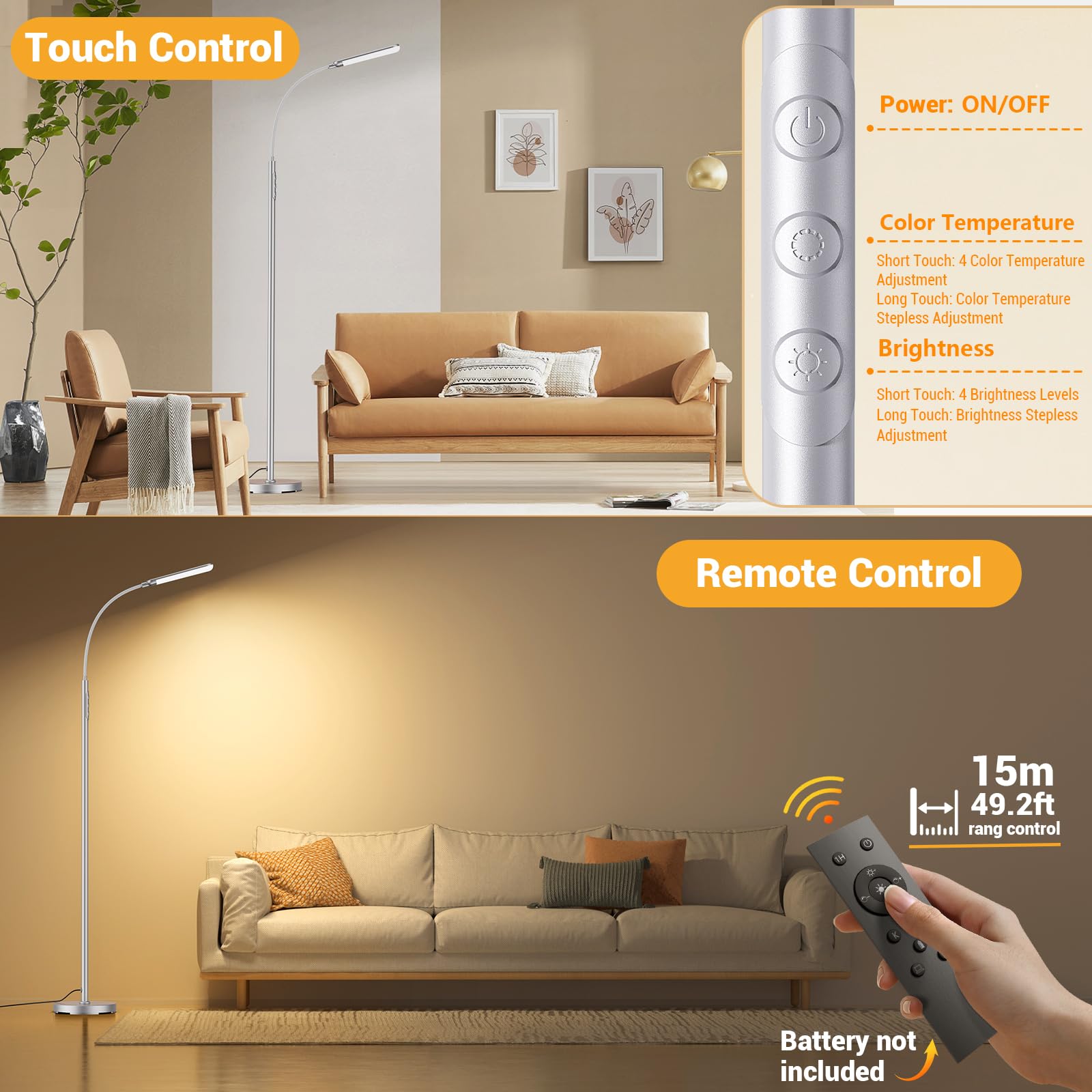 Lampada da Terra LED 18W 1200LM con Telecomando - 4 Tonalità di Colore & 4 Livelli Luminosità Regolabile - Piantana da Lettura per Soggiorno, Camera da Letto, Ufficio