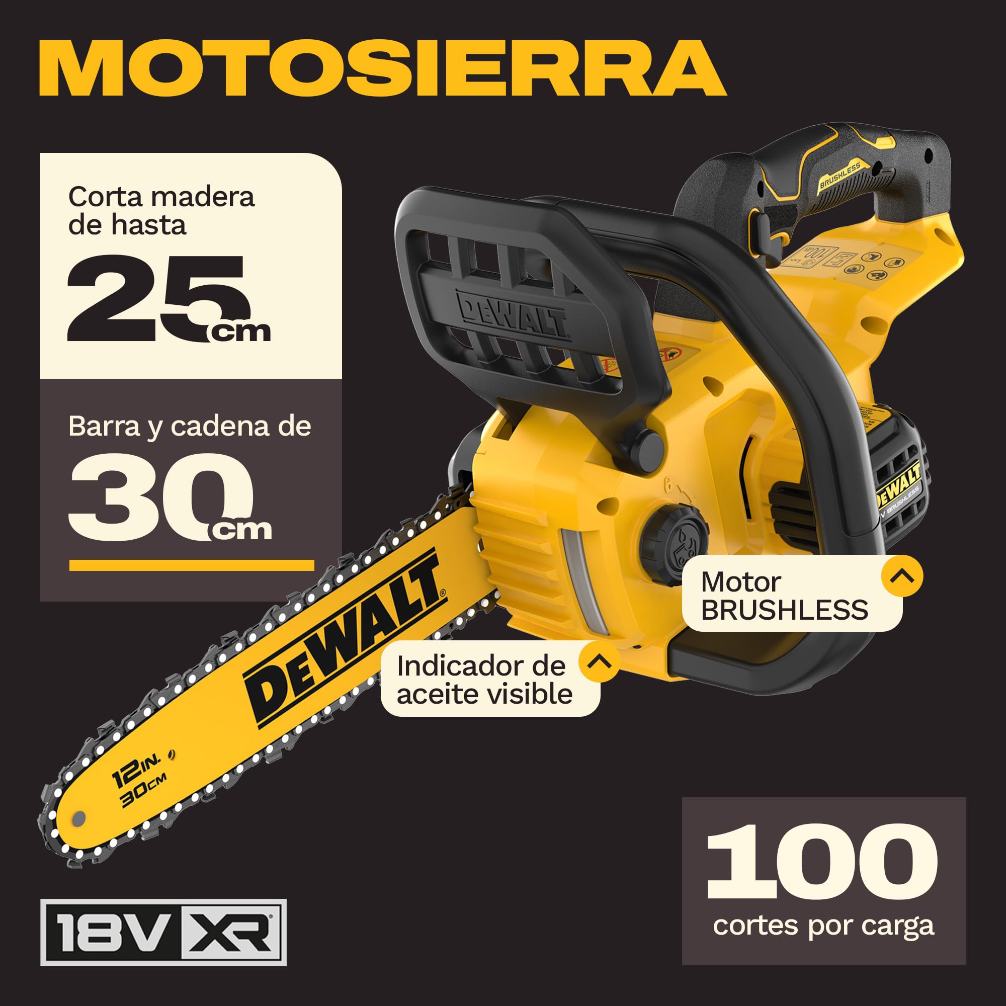 DEWALT Motosierra Compacta sin escobillas XR 18V 30cm, Solo herramienta, DCMCS565N-XJ