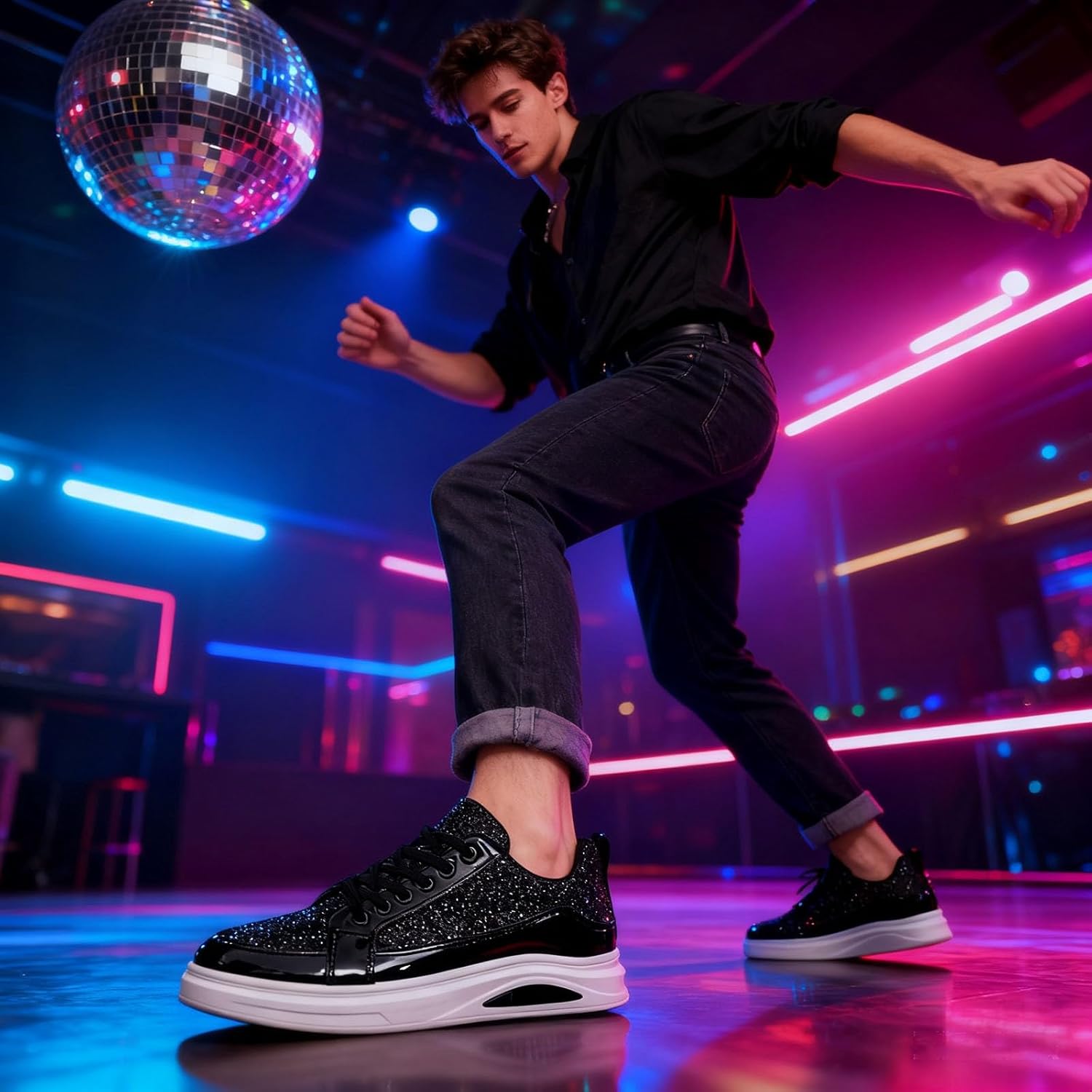 Men's Sparkly Sneaker Shoes Soft Ultra Light Lace Up Loafers Leather Spring Breathable Party Shoes - Image 6