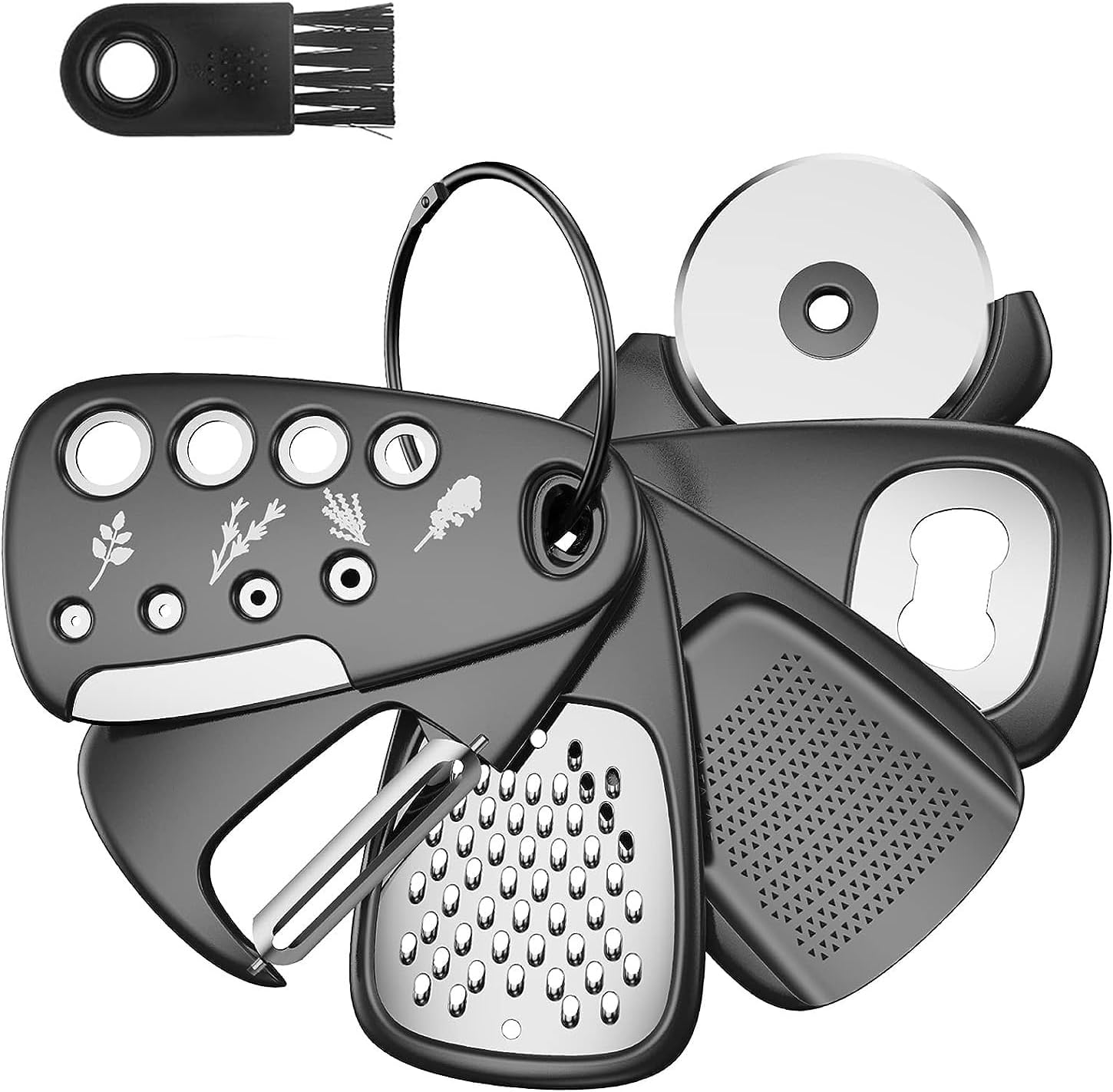 ALMEKAQUZ Kitchen Unique Gadgets Set 6 Pieces, Space Saving, Cheese Grater, Bottle Opener, Fruit Vegetable Peeler, Pizza Cutter, Garlic Ginger Grinder,Herb Stripper Gift Set,Kitchen Accessories