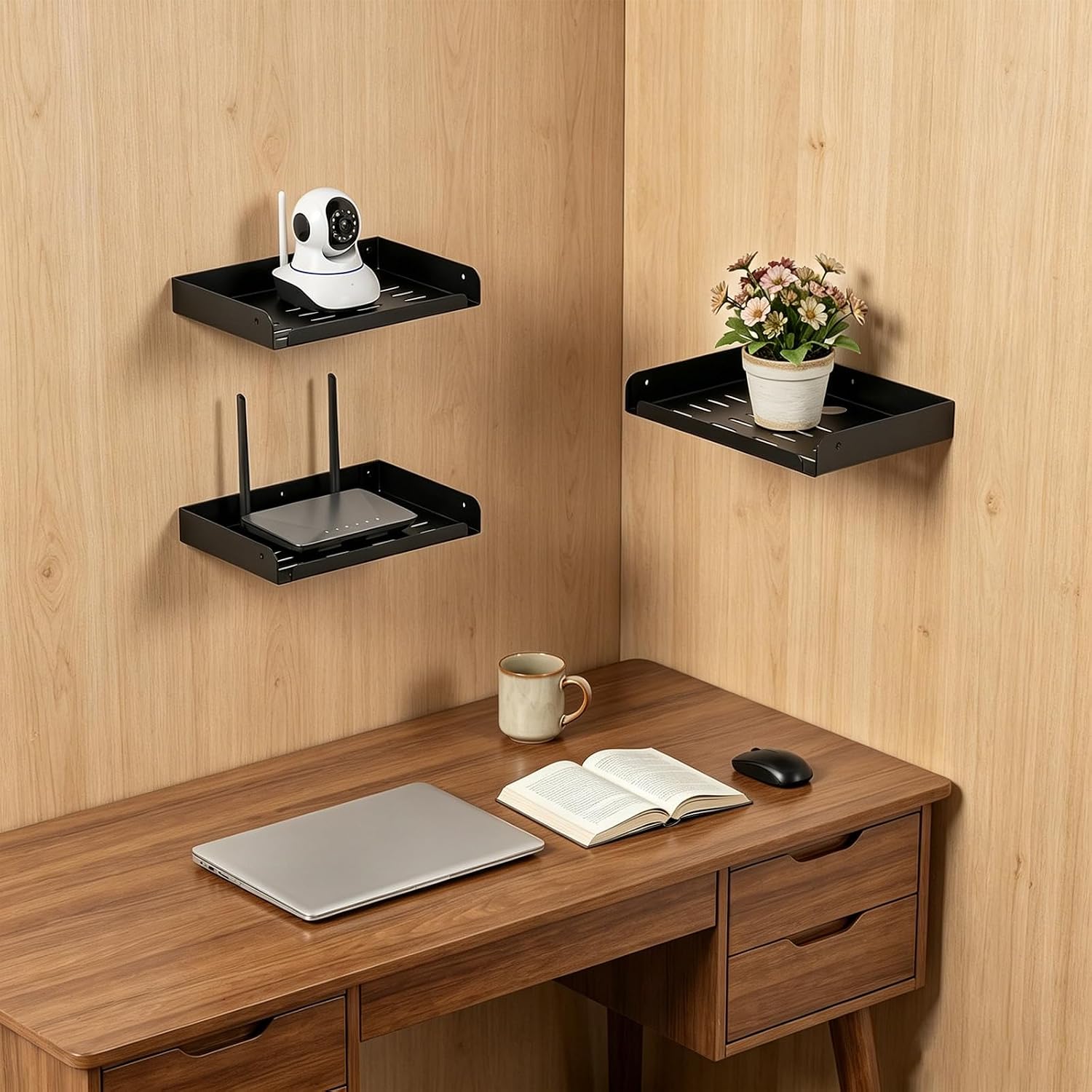 Metal Floating Shelf, 12" x 8" Wall Mounted Shelf Bracket Storage Rack for Router, Game Console, TV Components, DVD Player, Cable Box
