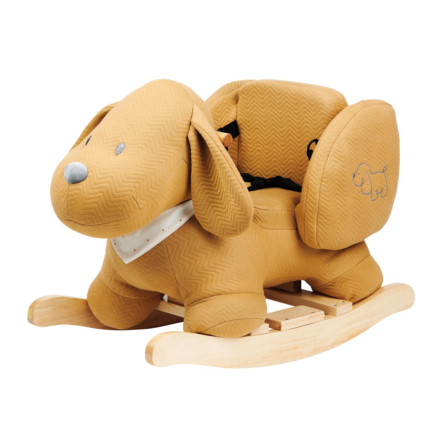 Nattou Wooden Rocker, Fully Padded Seat, Side Supports, Safety Belt, Handles For Small Hands, PETA-Approved Vegan, Soap-Water Cleaning, Jaquard Material, 10-36 Months, Dog Charlie, Caramel