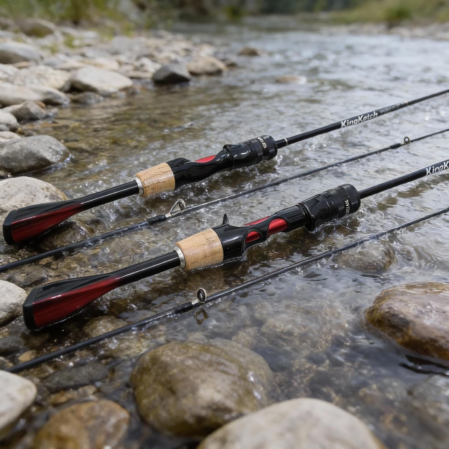 Ultralight Fishing Rod 6’0” UL, 2-Piece Spinning & Casting Rod, Carbon Graphite Lightweight Blank, Sensitive Fast Action Trout Rod, Black Fishing Pole with Red Triangle EVA Handle