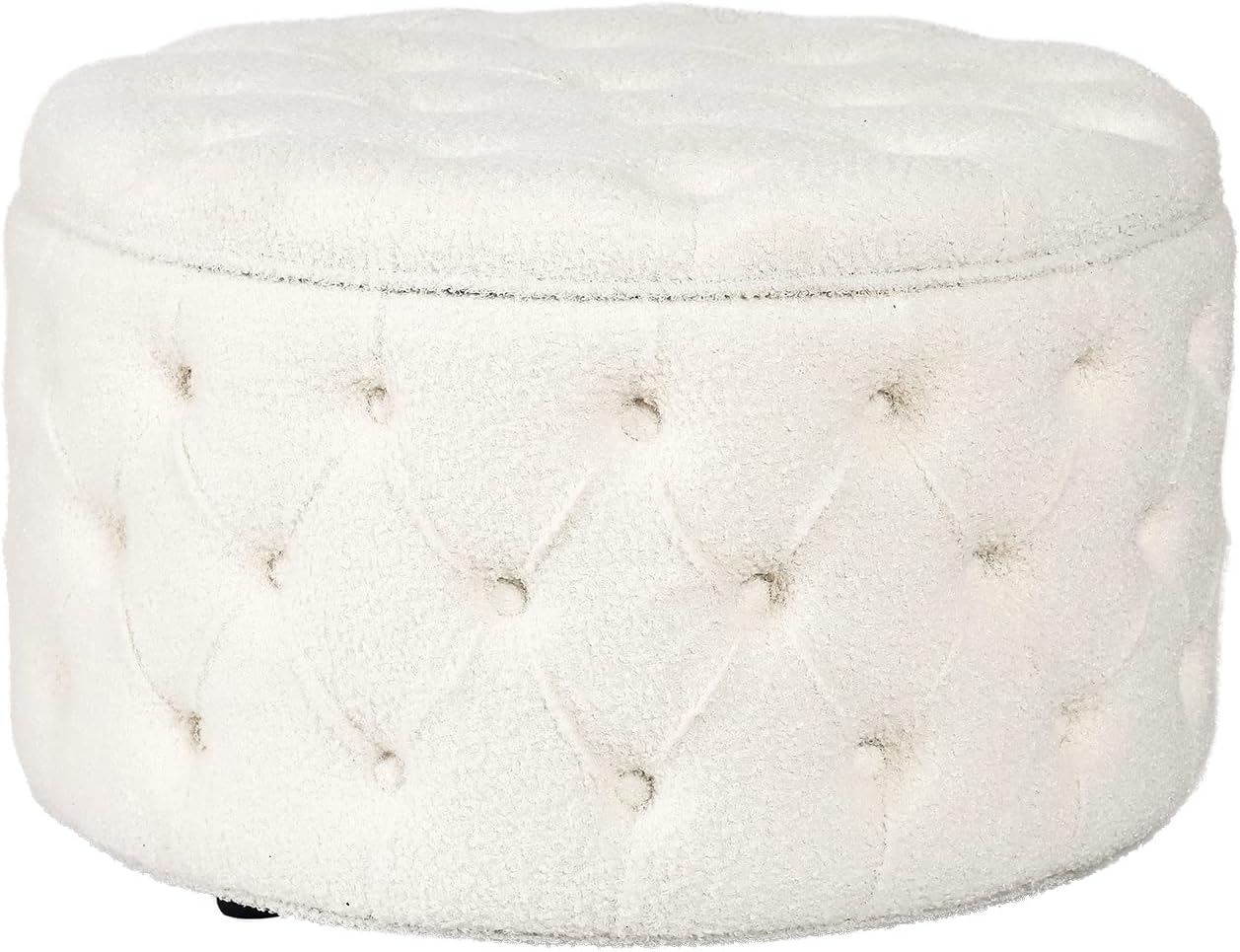 Homebeez 28 Inch Faux Fur Round Storage Ottoman, Button Tufted Footrest Stool Bench Coffee Table for Living Room,White