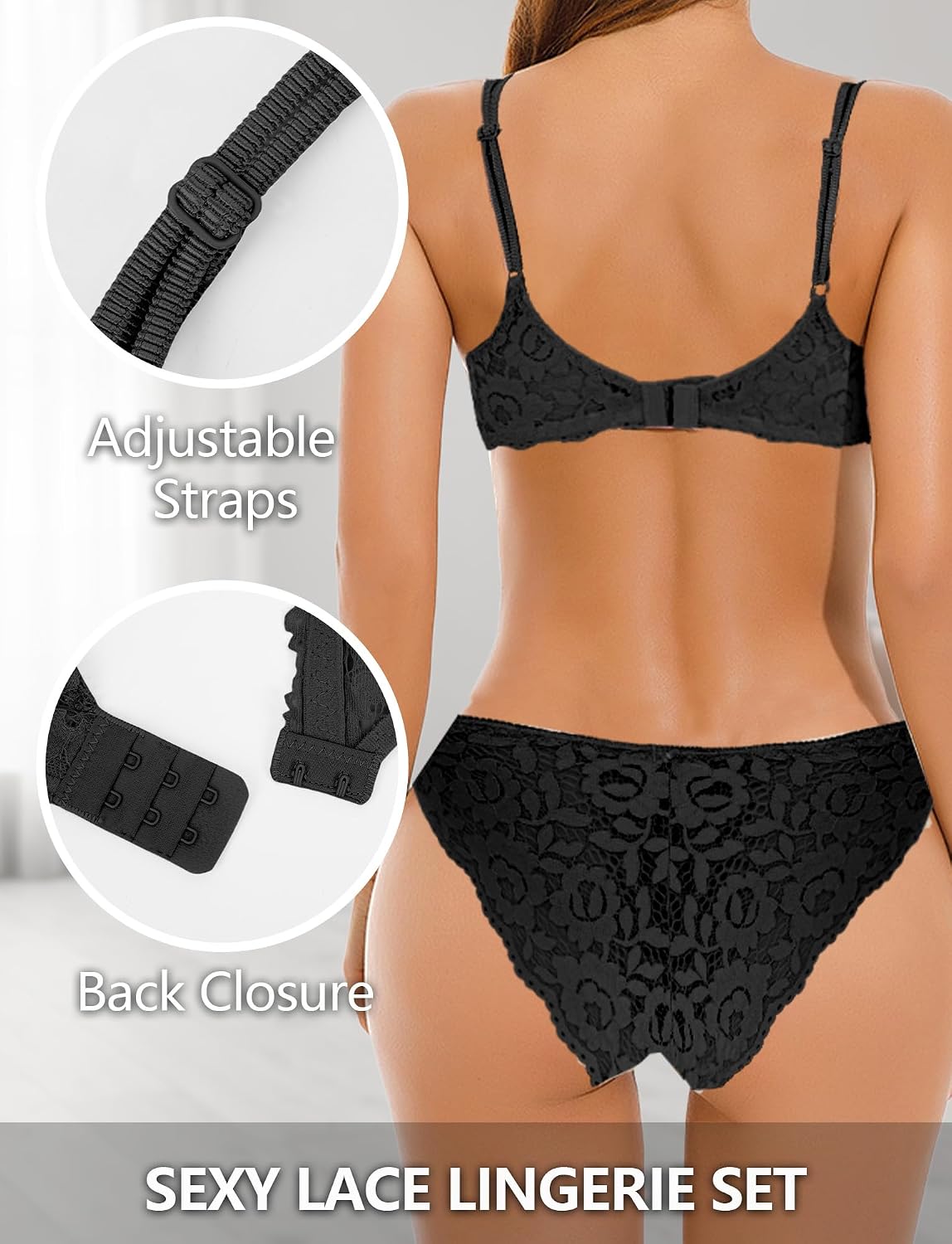 Panegy Women's Lace Lingerie Set Floral Sexy Underwear Set Thick Cup Push-Up Bra with Brief 2 Pieces