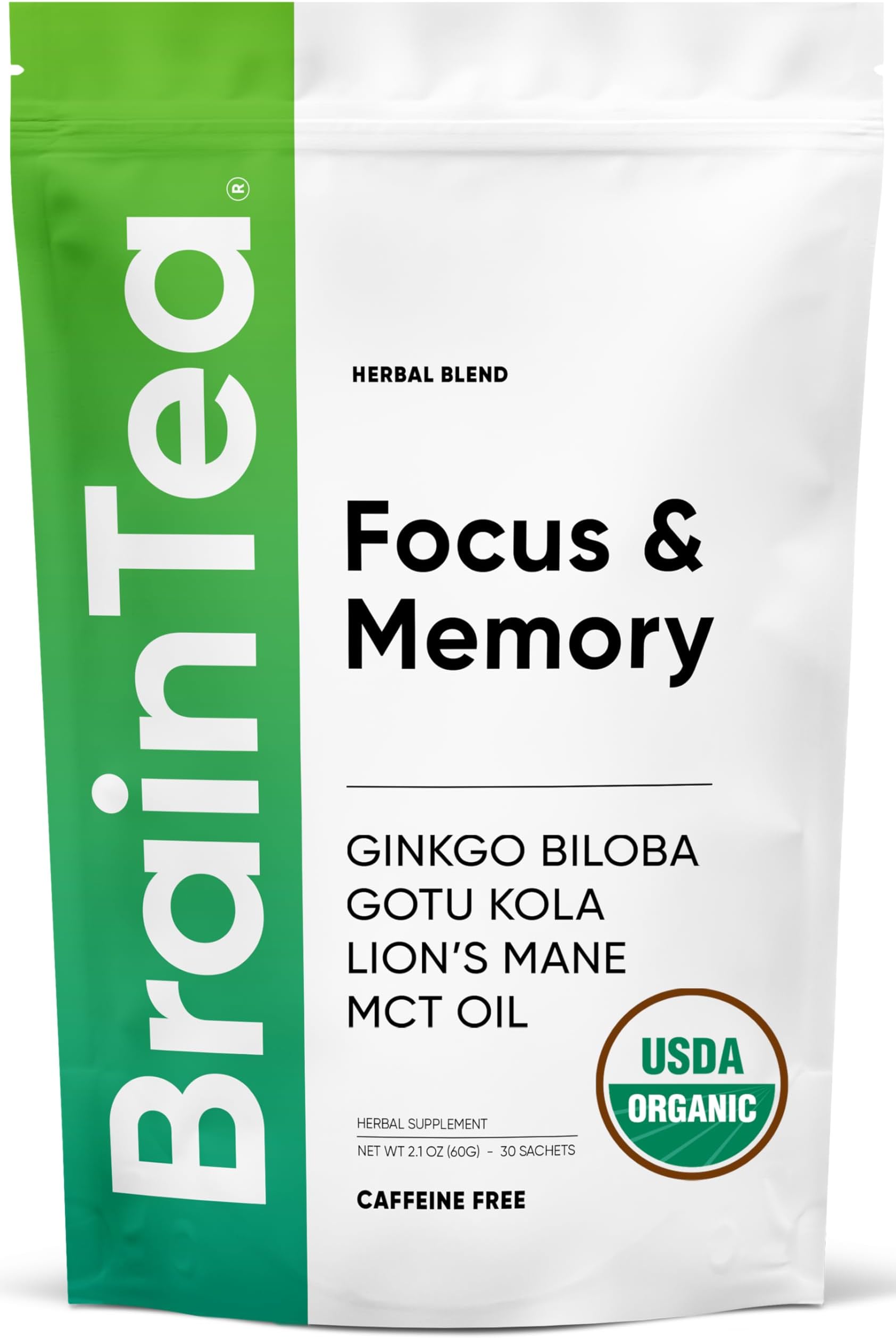 Brain Tea Focus & Memory - Brain Tea Organic Certified 4-in-1 Nootropic Herbal Supplement with Ginkgo Biloba, Gotu Kola, Lion’s Mane Mushroom, MCT Caffeine-Free for Mental Clarity (30 Sachets)