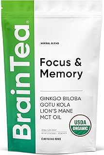 Brain Tea Focus & Memory - Brain Tea Organic Certified 4-in-1 Nootropic Herbal Supplement with Ginkgo Biloba, Gotu Kola, Lion’s Mane Mushroom, MCT Caffeine-Free for Mental Clarity (30 Sachets)