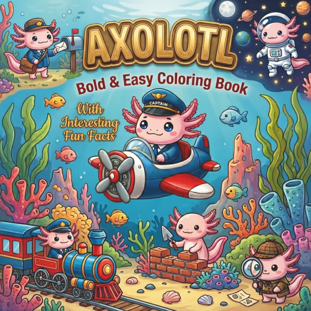 Cute Axolotl Coloring Book with Fun Facts: +50 Cozy Kawaii-Style Designs with 50 Fun Facts - Simple, Bold and Easy for Kids | Axolotl Gift | 8.5x8.5 ... Adventures: Fun Facts & Coloring Series)