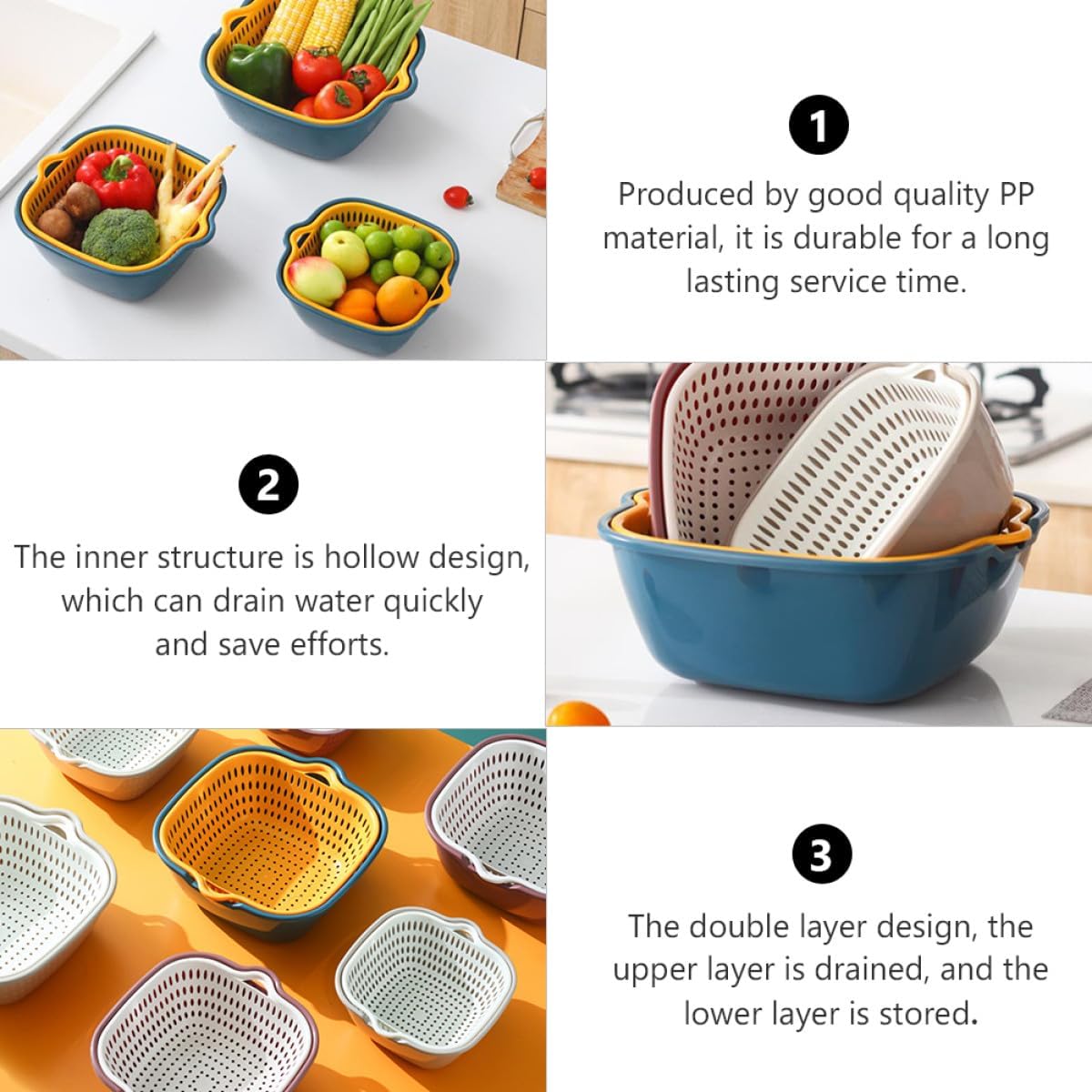 6Pcs Plastic Vegetable Washing Basket Set Handles, Double Layer