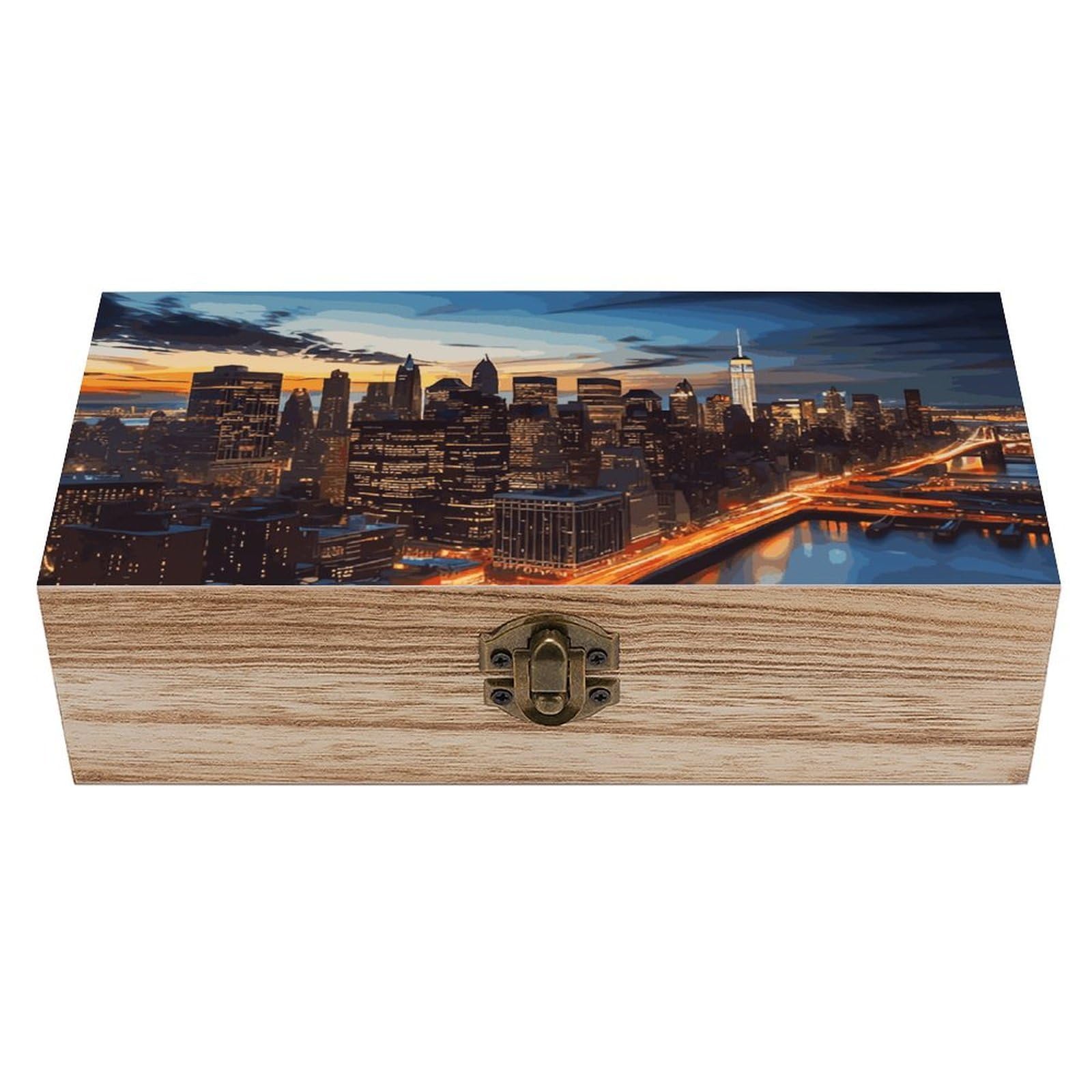 DWVTSLH New York City Scenery Wooden Storage Box Locked Wood Gift Box Decorative Keepsake Boxes Storage Bins, Memory Boxes for Pictures, Jewelry Organizer Unique Gift Ideas for Men Women