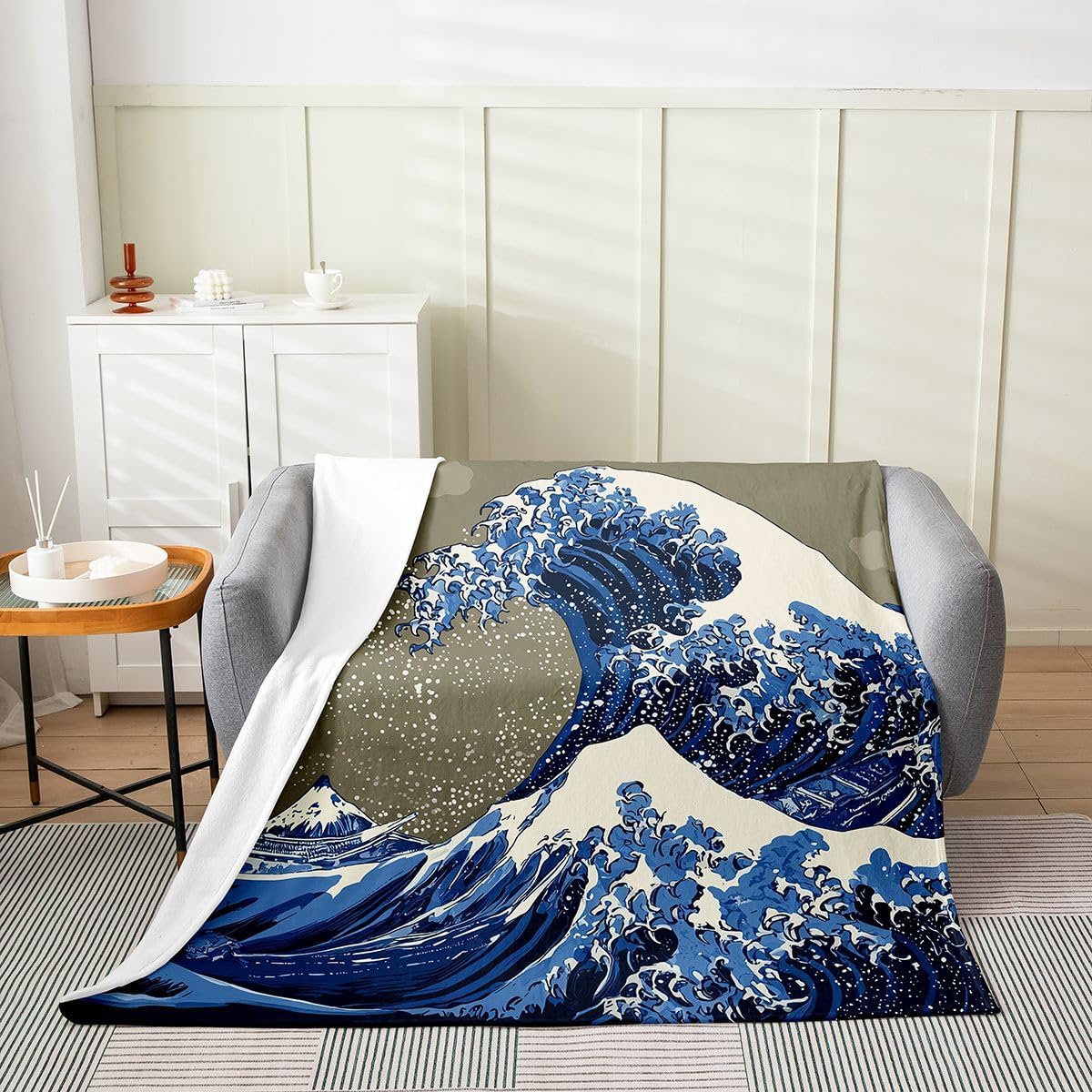 jejeloiu Japanese Ukiyoe Theme Flannel Fleece Throw Blanket Queen 90"x90" Kids Ocean Wave Hokusai Pattern All Season Bed Blanket for Sofa Couch Japanese-Style Exotic Room Decor