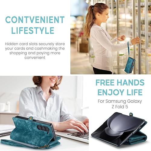 Miniatura 6 de Kowauri Funda para Samsung Galaxy Z Fold 5, con cremallera, magnética, de piel, con soporte para bolígrafo S, correa de muñeca, tarjetero a prueba