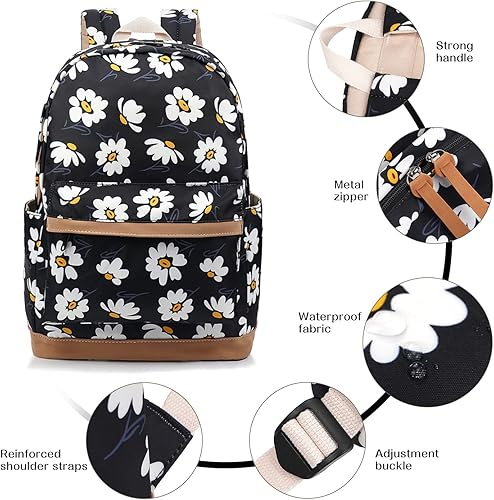 Miniatura 3 de Mochila escolar floral para laptop, mochila escolar ligera resistente al agua para viajes de mujer, negro (Daisy Black), Mochilas Daypack