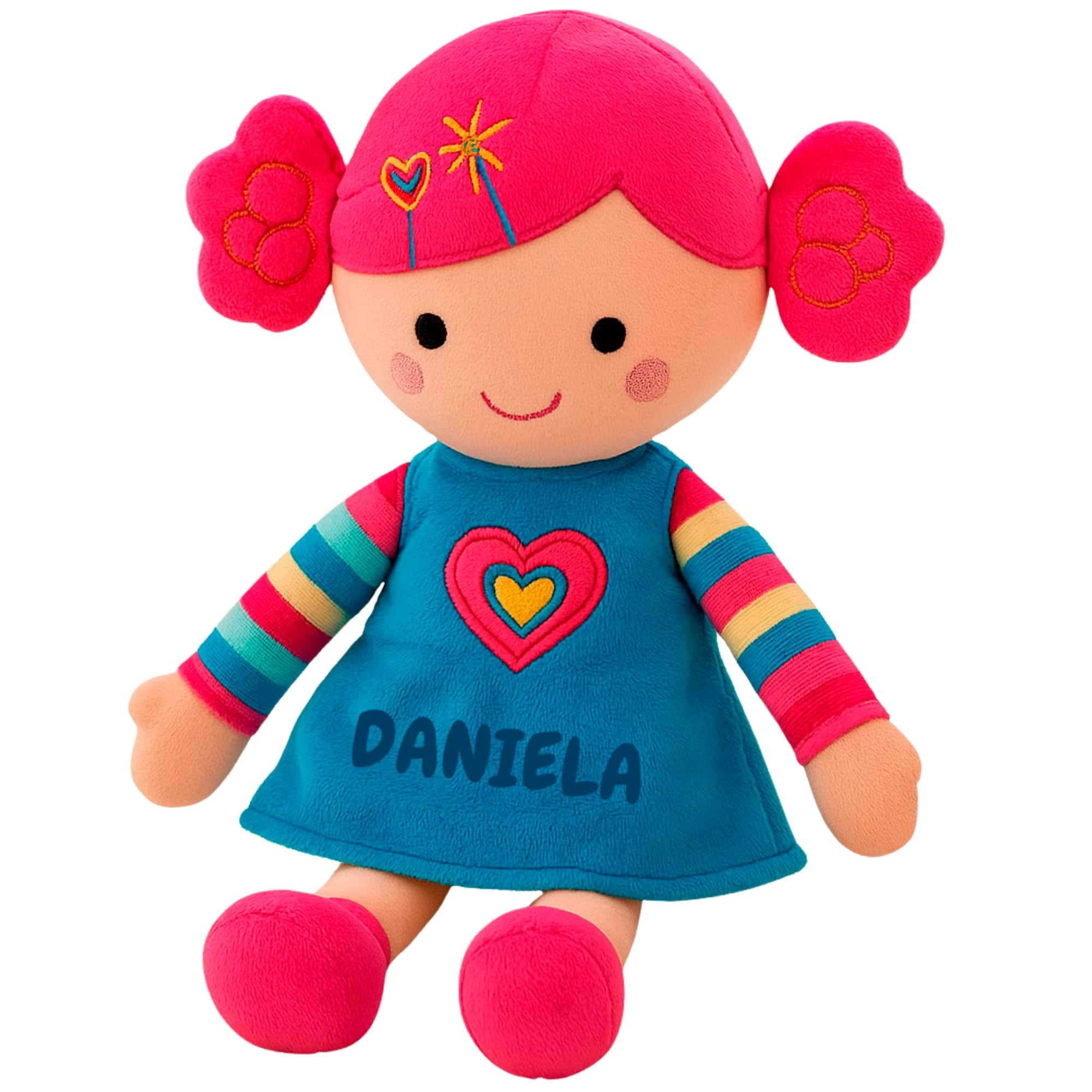 Muñeca de Trapo Personalizada - Regalo Bebe 1 año - Muñecas para niñas 2 años y más - Tacto Muy Suave 25cm Personalizadas con su Nombre para un Detalle Especial (Vestido Azul)