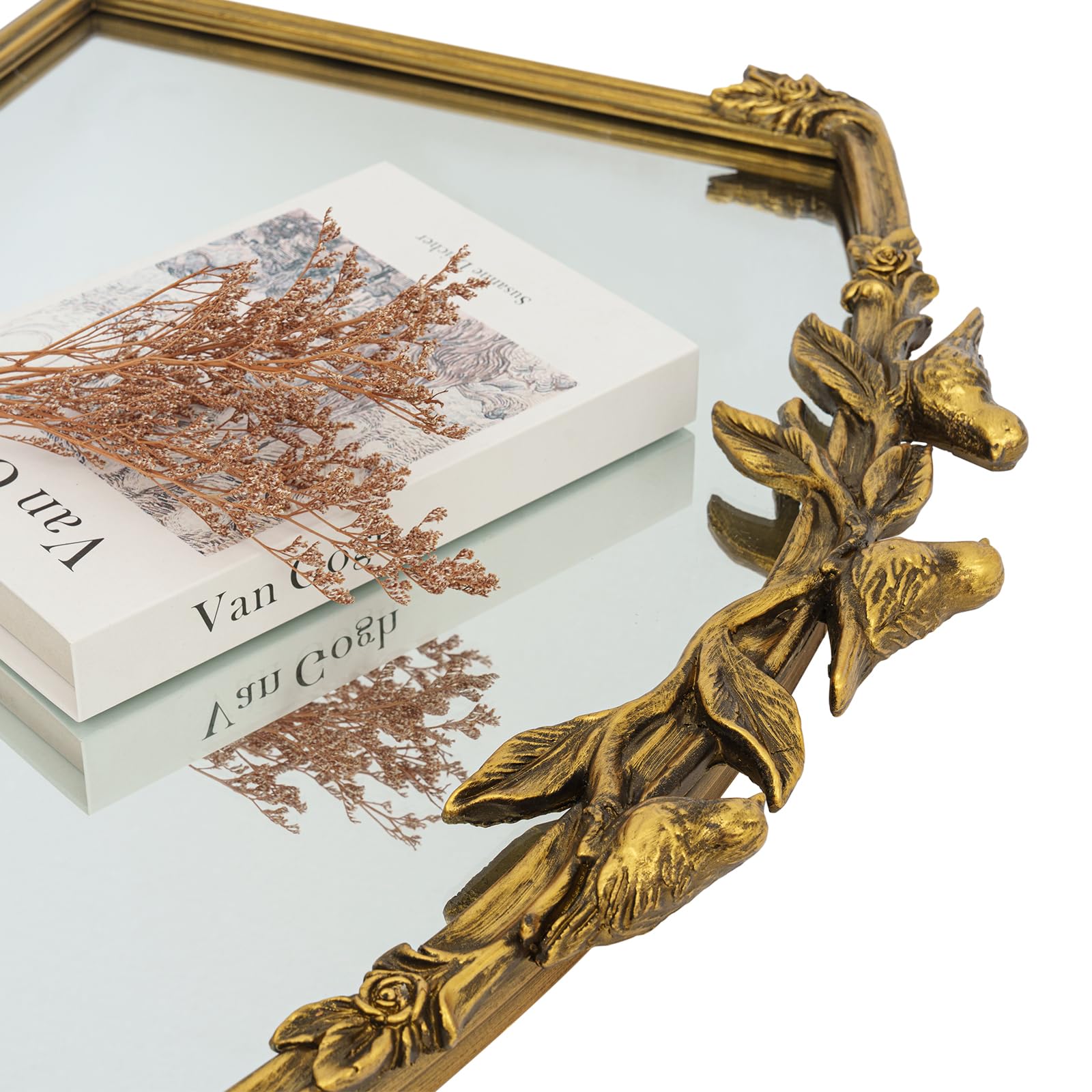 Miroir Baroque doré Antique 80 x 60(H) cm – Cadre Vintage en Fonte avec Fleurs en résine sculptées à la Main, Miroir Mural incassable pour Salle de Bain, Salon et Chambre à Coucher