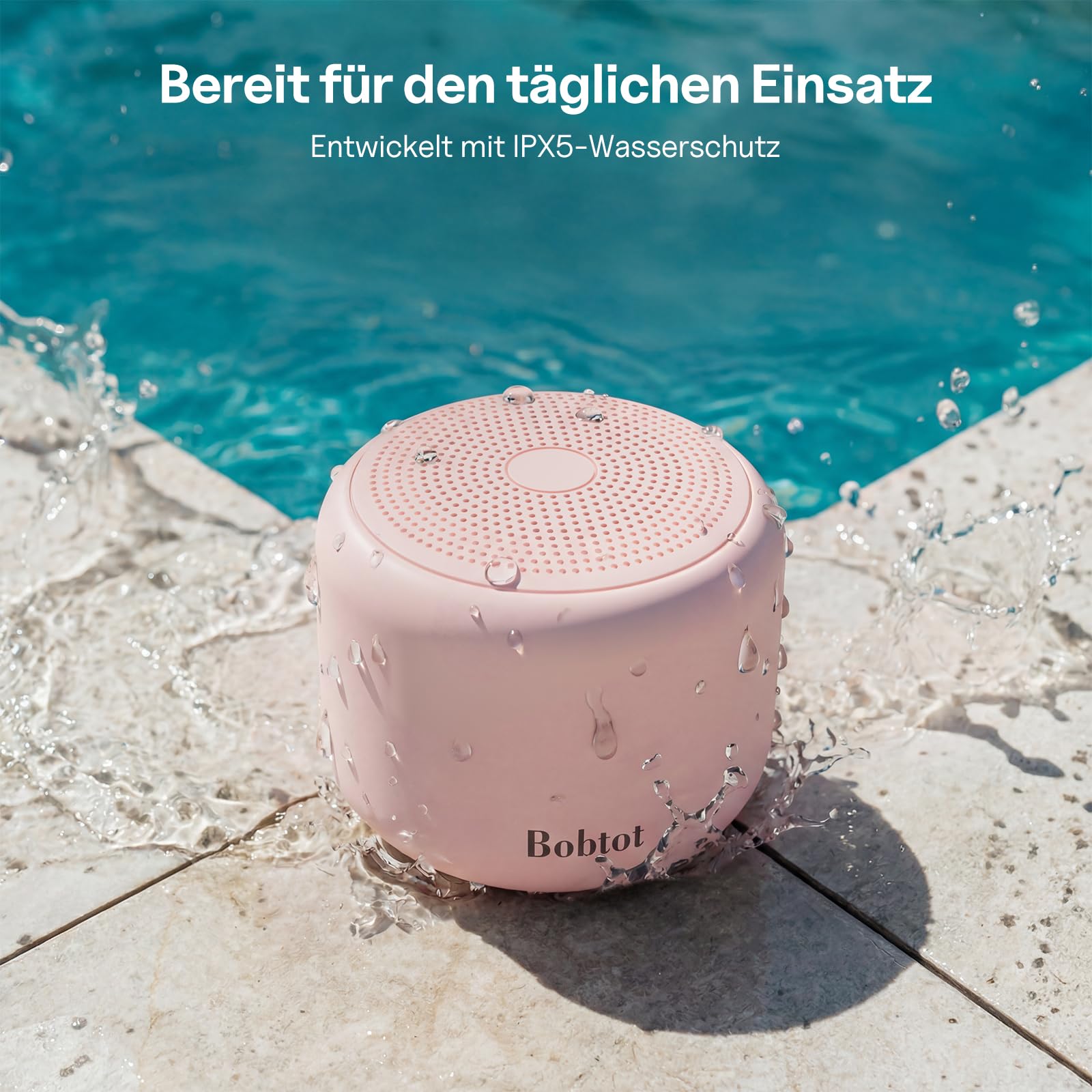 Bobtot Tragbare Bluetooth-Lautsprecher mit Trageband – Kabellos, Wasserdichter klein Lautsprecher mit kraftvollem Stereoklang, 15 Stunden Spielzeit, wiederaufladbar, Integriertes Mikrofon, Rosa