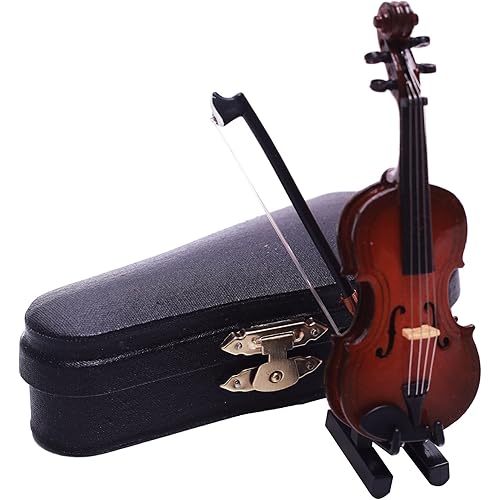Kutusaky 1:12 Mini Violin Miniature Musical Instruments Tiny Violin with Stand Bow Case Miniature Violin for Dollhouse Decoration