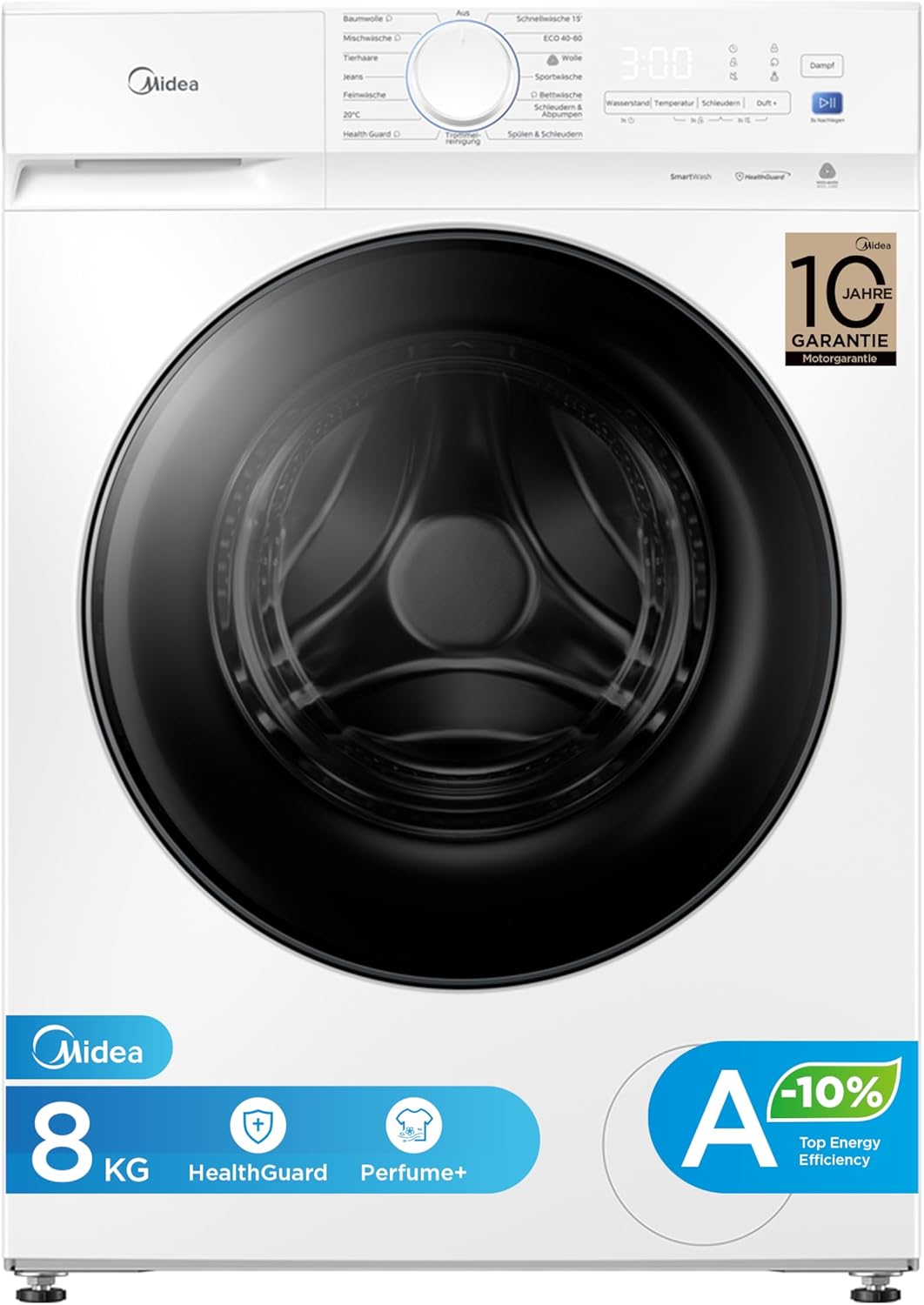 Midea Waschmaschine V3 series, 8 kg | Energieeffizienzklasse A-10% | 1400 U/min | Dampffunktion | Tierhaare| 15-Min Schnellwäsche | Woolmark-Zertifiz