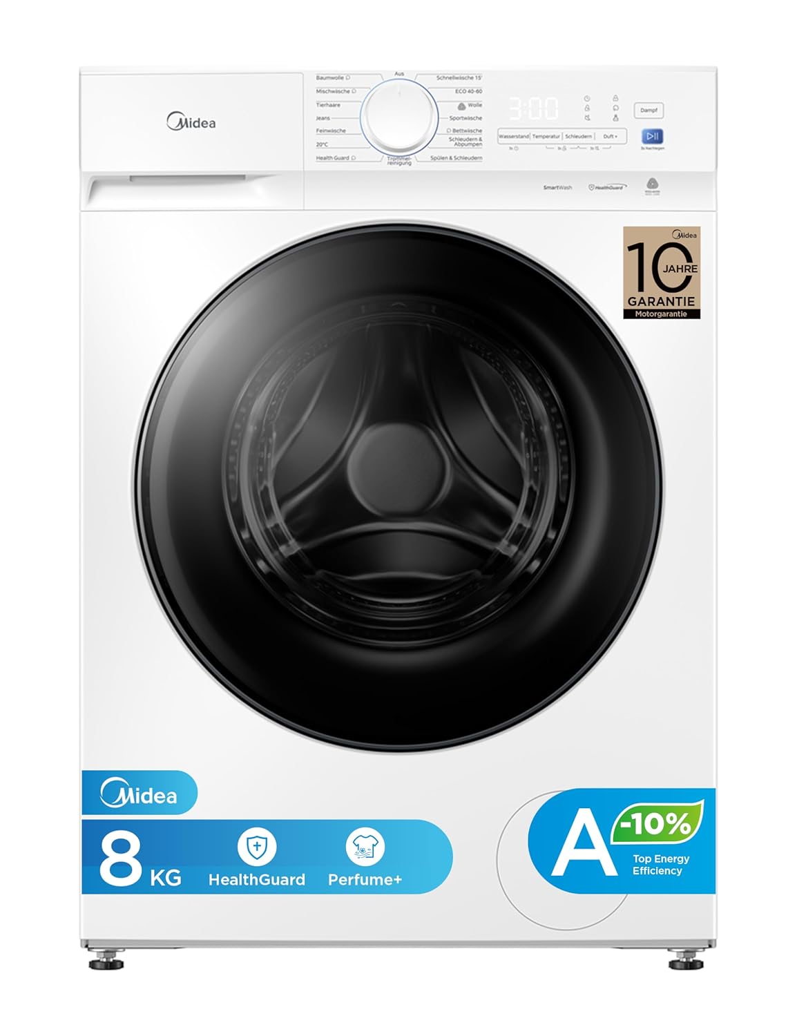 Midea Washing Machine V3 Series, 8 kg, Energy Efficiency Class A-10%, 1400 rpm, Steam Function, Pet Hair, 15 Minutes Quick Wash, Woolmark Certified, MFV3EW80BA10, White