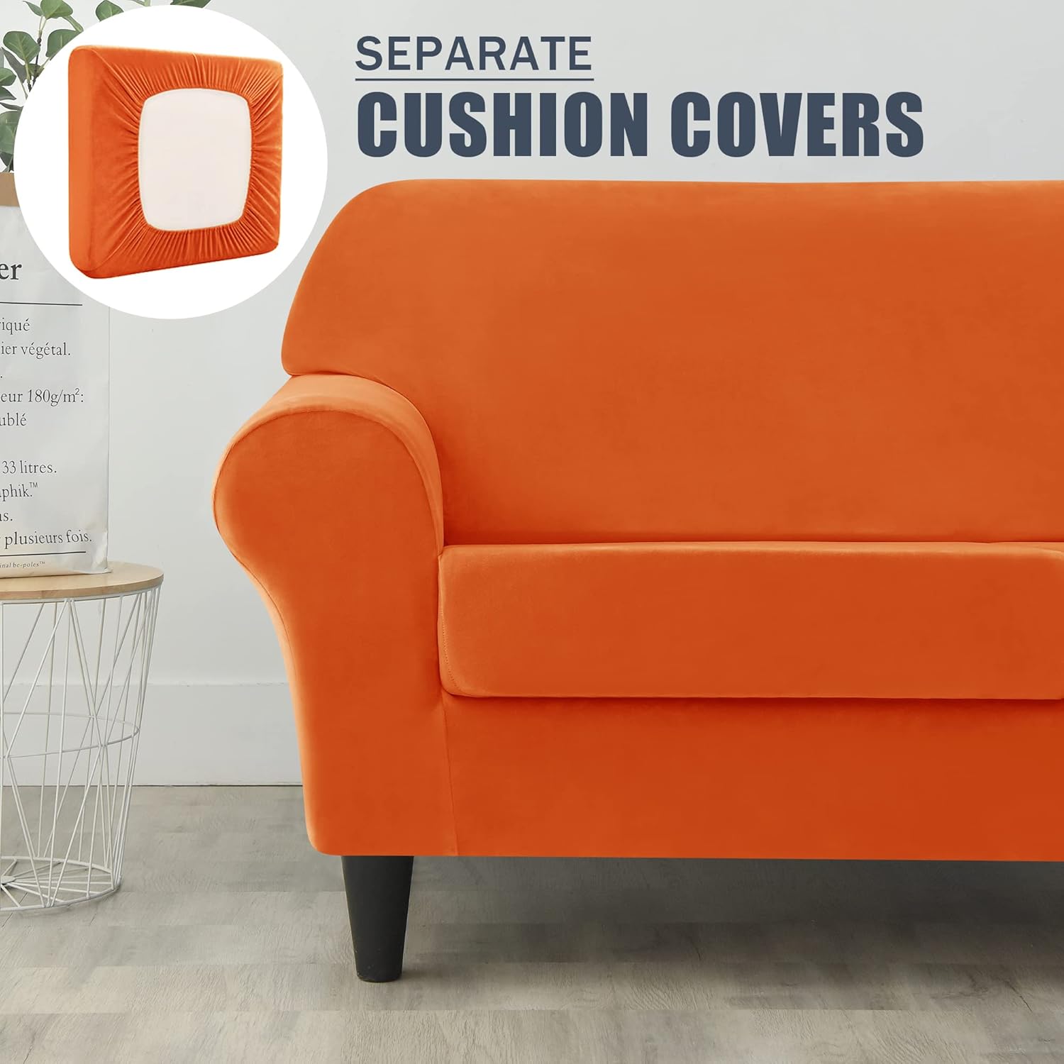 CONRUSER Stretch Sofa Slipcover, Soft Velvet Sofa Covers for 3 Cushion Couch Thick Furniture Protector for Pets & Kids (Orange, L)