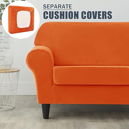 Miniatura 4 de CONRUSER Funda elástica para sofá, funda de terciopelo suave para sofá de 3 cojines, protector grueso de muebles para mascotas y niños (naranja, L)