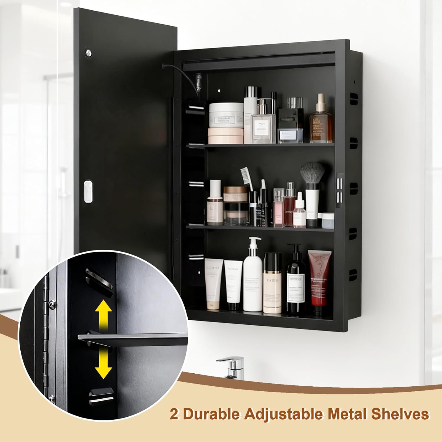 LED Medicine Cabinet Mirror for Bathroom 20x26 Inch, Recessed Medicine Cabinets with Lights, Black Anti-Fog Bathroom Mirror with Storage, Full Metal, Adjustable Shelves, 3 Colors