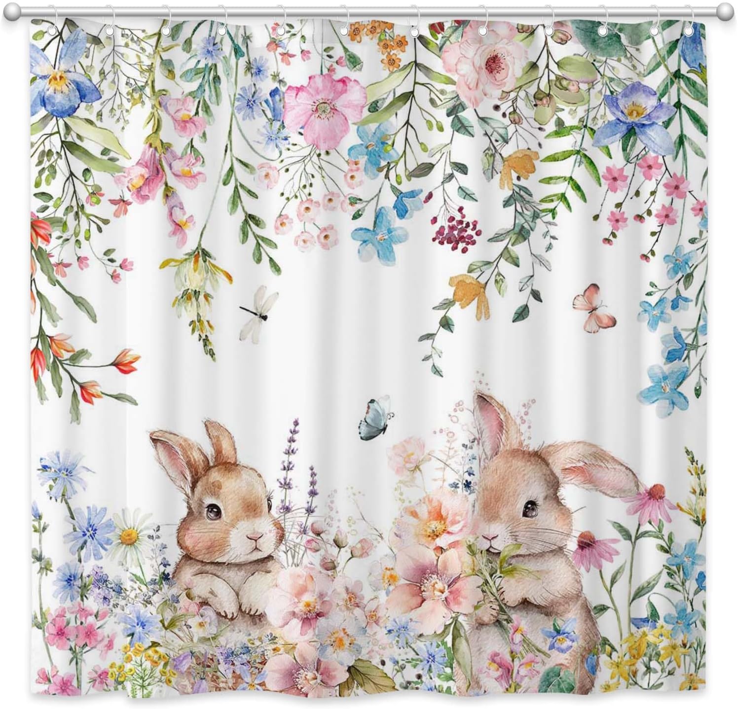 Spring Easter Bunny Shower Curtain Cute Rabbits Wildflowers Bathroom Curtain Set Watercolor Floral Farmhouse Polyester Fabric Bathtub Decor with 12 Hooks 72x72 Inches
