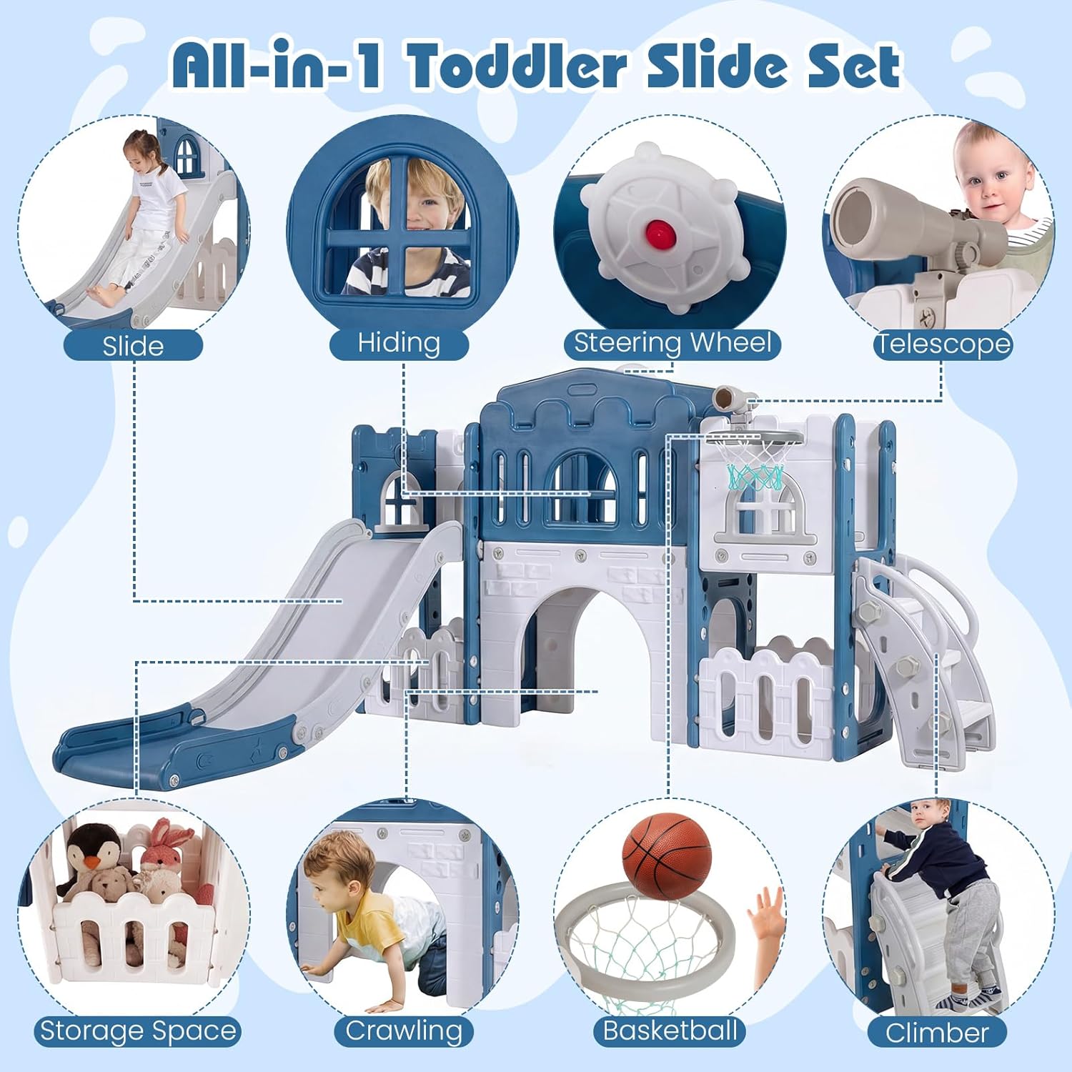 Costzon 8 in 1 Toddle Slide Playset, Freestanding Kids Slide w/Tunnel, Basketball Hoop, Toddler Climber Slide Playset Indoor Playground for Kids 1-3 w/Storage Space, Gifts for Boys Girls (Blue)