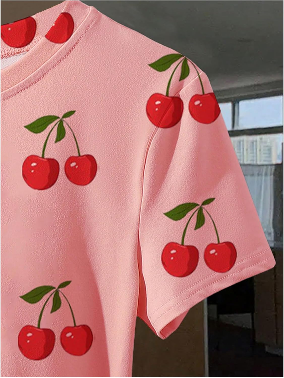 WDIRARA Women's Cherry Print Crew Neck Short Sleeve T Shirts Cute Tees Crop Tops - Image 4