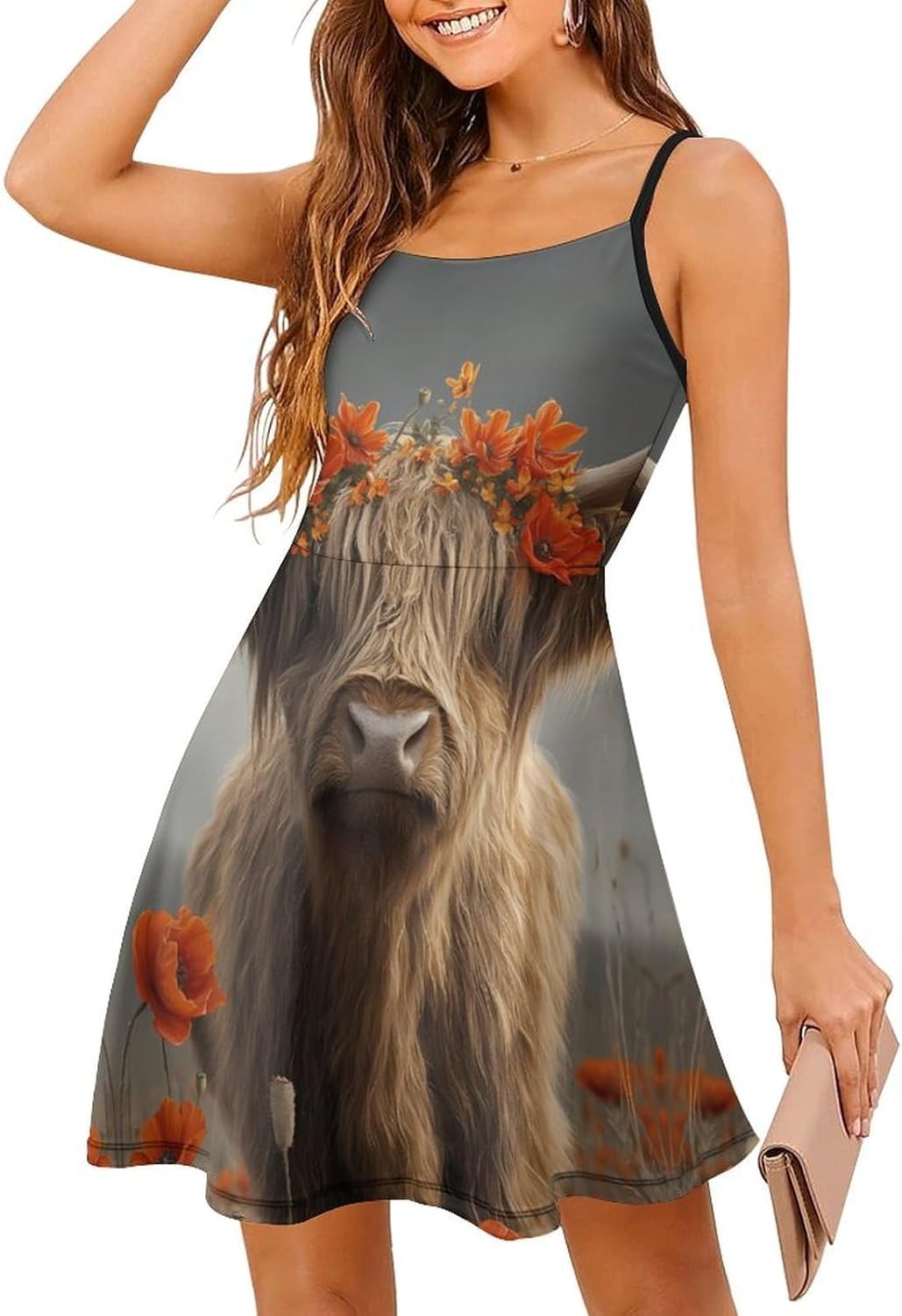 Cute Highland Cow Short Cami Dress for Women Adjustable Spaghetti Strap Flowy Sundress Beach Vacation