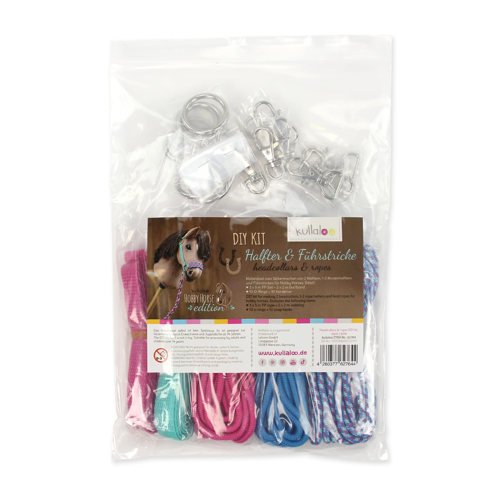 kullaloo Hobby Horse Halfter Materialset zum Basteln von Halftern und Führstricken für Steckenpferde (Anleitung separat erhältlich) – aqua/pink
