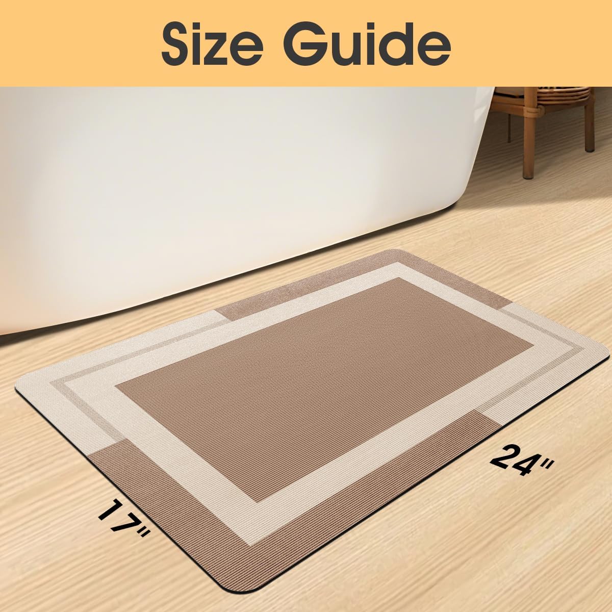 Ultra Thin Bath Mat, Upgrade Backing Non Slip Thin Bath Mats Fit Under Door, Quick Dry Ultra Absorbent Bathroom Rugs, Machine Washable Bath Rugs for Bathroom, Bathtub, Light Brown/Bordered/24"x17" - Image 2