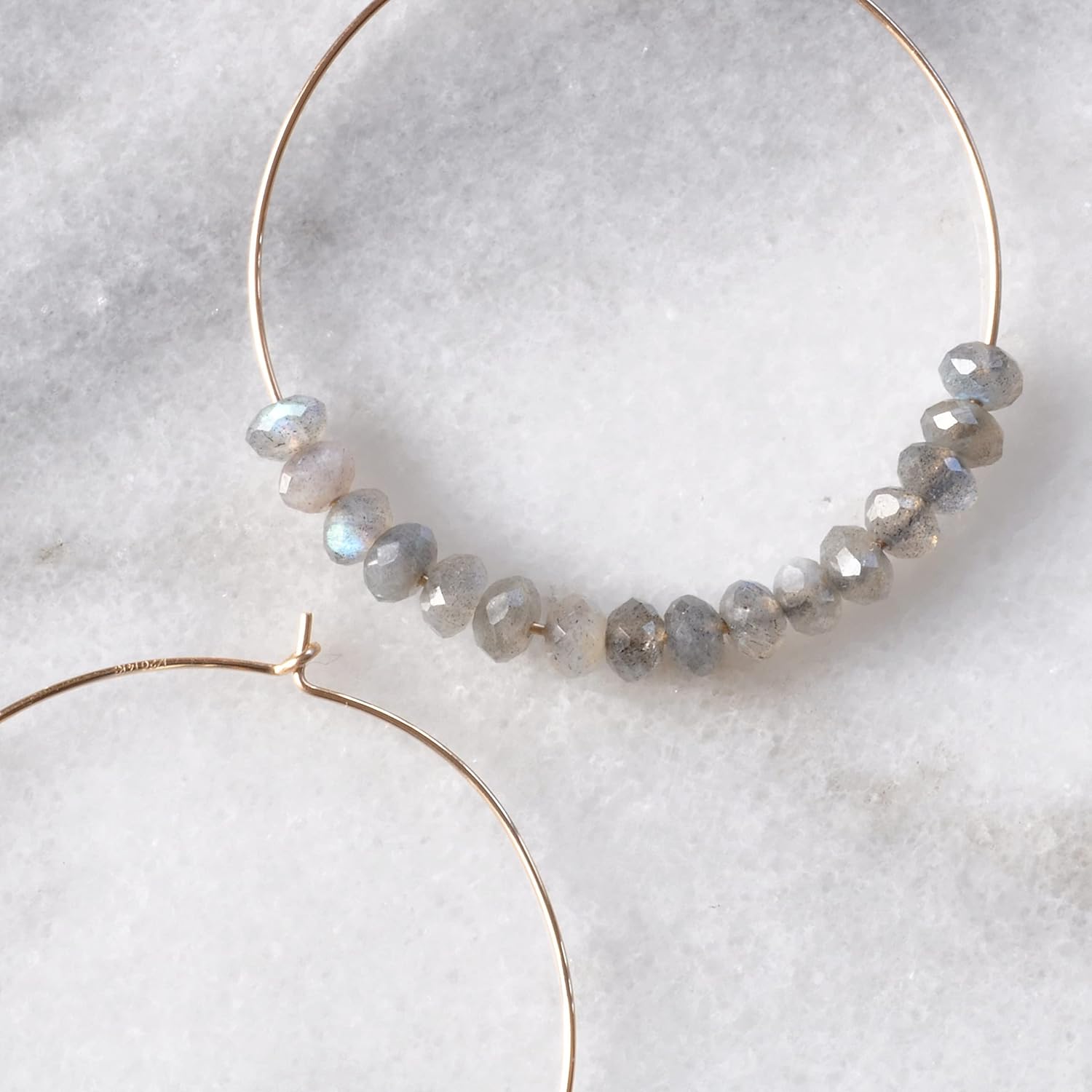 Gold Filled Labradorite Bead Hoop Earrings Large 45mm Semi-Precious Grey Beads