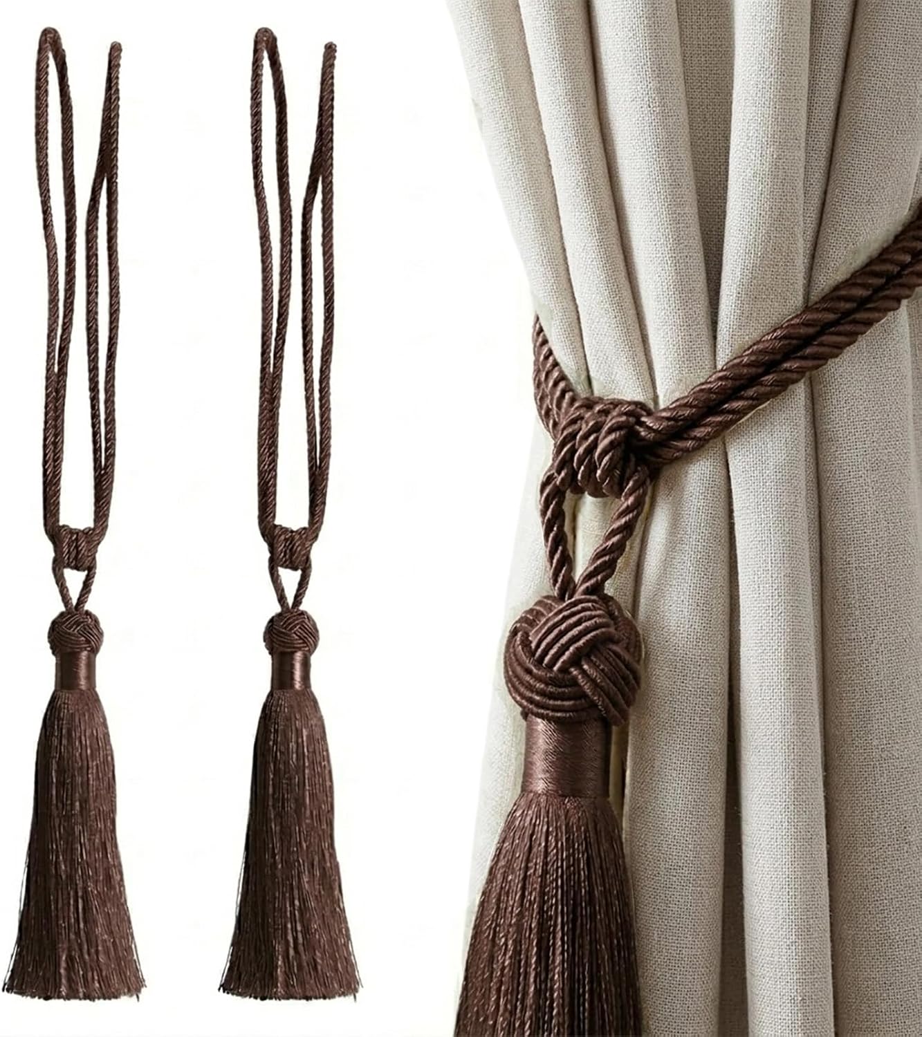 TopHomer Curtain Tiebacks - 9 Color Options, Handmade Braided Rope with Knot, European Style Tiebacks Decorative Tiebacks for Home Office Window Curtains (2, Brown