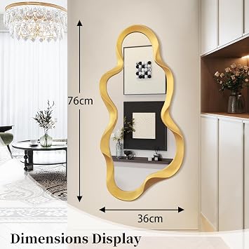 Irregular Cloud Wall Mirror Asymmetrical Mirror Modern Wooden Frame Unique Shape Wall Mounted Artistic Mirror Decor for Living Room Bedroom Bathroom Hallway Large Grey