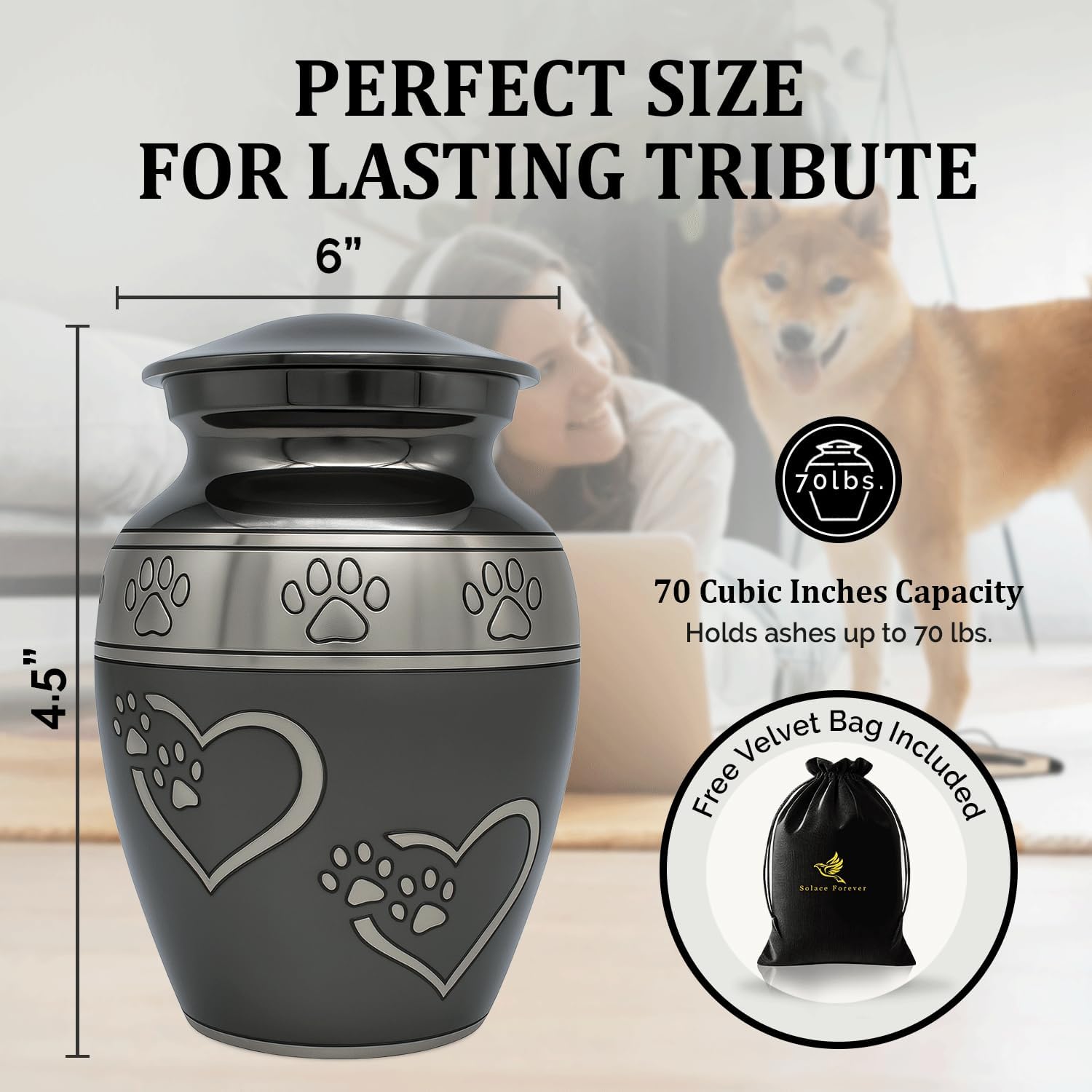Medium Pet Ashes Urn - Cremation Urn for Dogs & Cats – Paw Print Memorial Urn - Holds Cremated Remains of Pets Up to 55 lbs - Elegant Design to Honor Your Furry Friend - Slate Gray