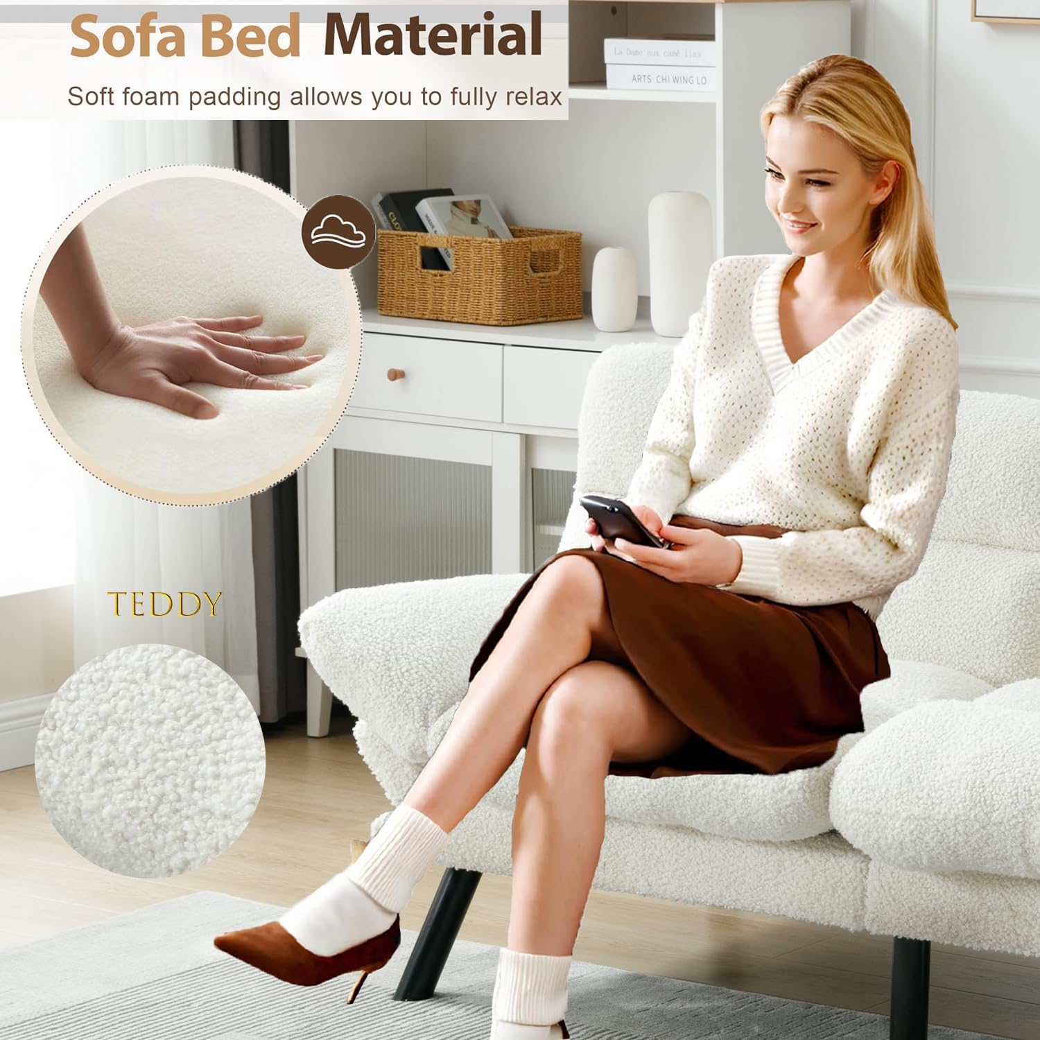 White Convertible Futon Sofa Bed, Memory Foam Foldable Couch, Teddy Loveseat Sleeper Daybed with Adjustable Armrests for Small Space, Bedroom, Office, Apartment, Living Room (White)