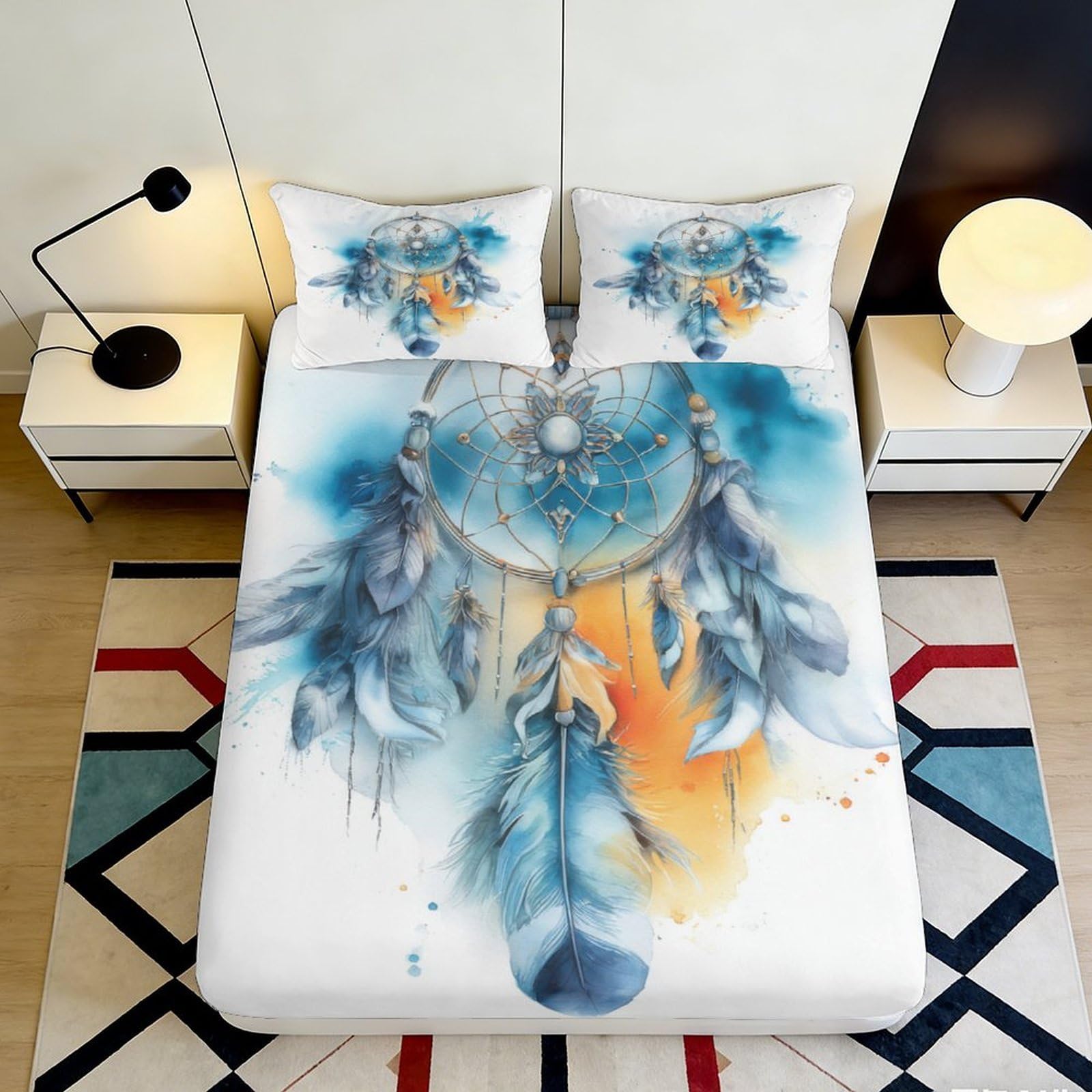 Pnayamiorkfel Style-9 3D Printed Dreamcatcher Fitted Sheet Microfiber Soft Blue Feather Boho Mattress Cover For Bedroom Guest Room Decor 90X200x25cm