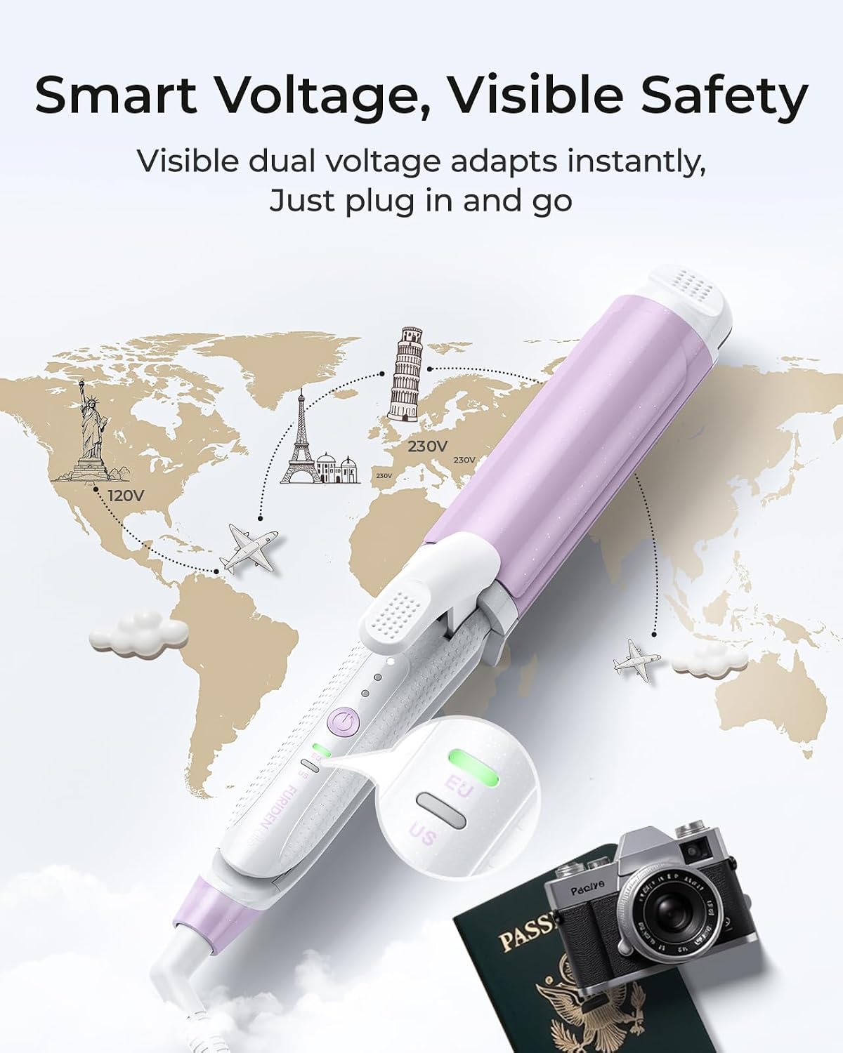 FURIDEN Lite Dual-Voltage Curling Iron: Smart Voltage 1 1/2 inch Ceramic Barrel for Long Hair Traveler - European Travel Curling Iron with Clamp Flash Purple