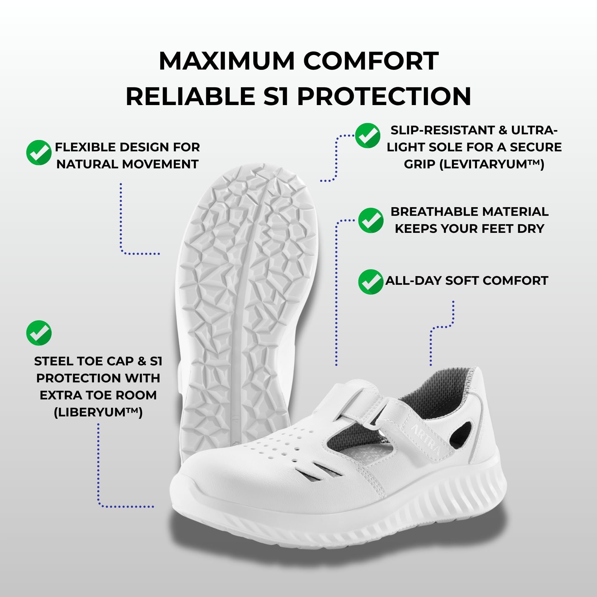 ARTRA Sandalia con velcro brazos 9007, zapatos de trabajo blancos S1, zapatos de cocina sanitaria con puntera de acero, Blanco, 43 EU