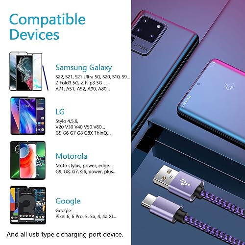 Miniatura 4 de Paquete de 4 cables USB tipo C rápidos de 6 pies compatibles con Samsung Galaxy A54 5G, A14 5G, A03s 5G, A23 5G, A53 5G, cable de carga de teléfono